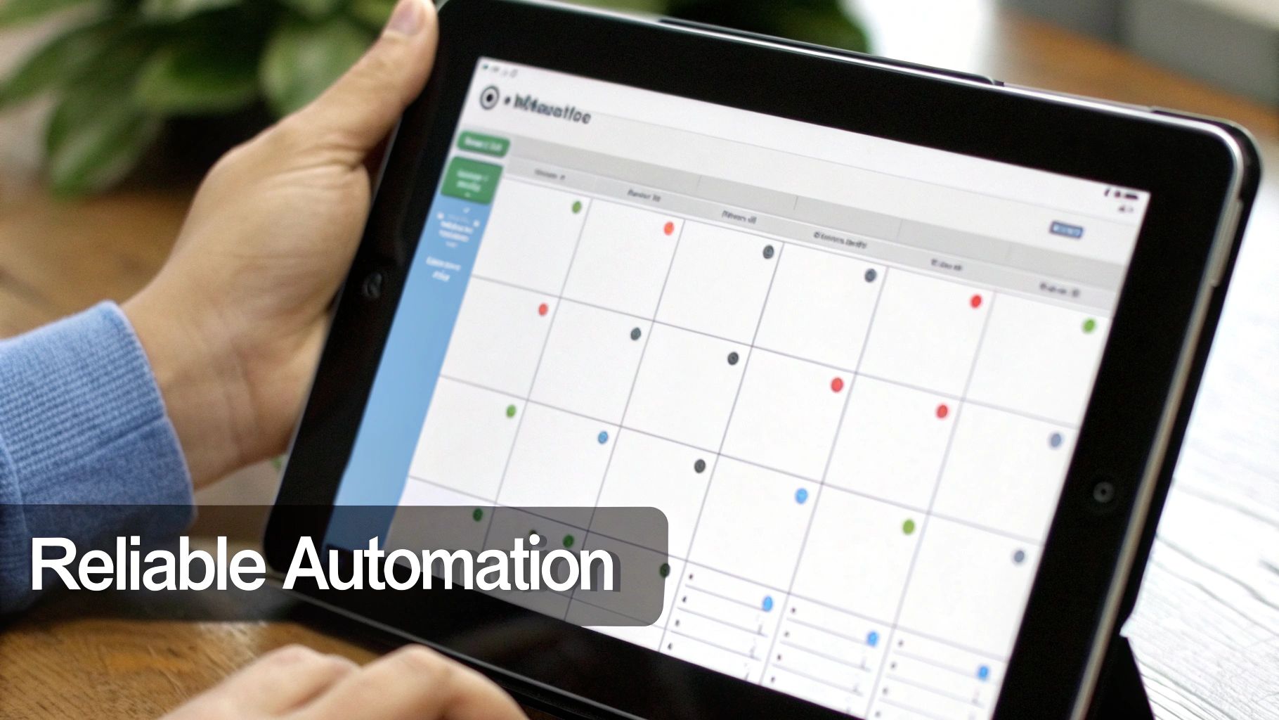 A close-up of hands holding a tablet displaying a scheduling application with colored dots and 'Reliable Automation' text.