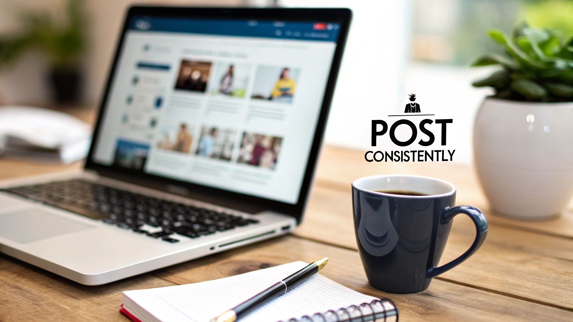 Workspace with laptop displaying social media, coffee, notepad, and "POST CONSISTENTLY" text on a wooden table.