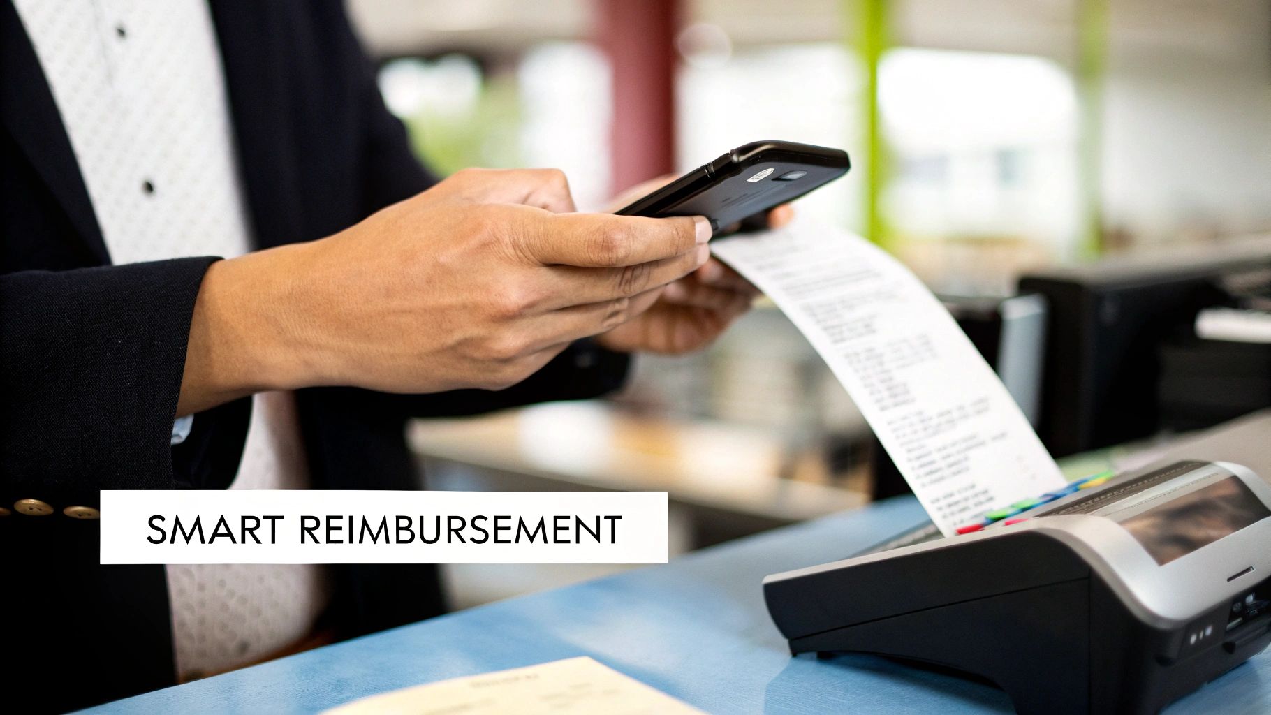 A person using a smartphone to scan a receipt, with digital icons in the background representing a smooth, automated workflow.