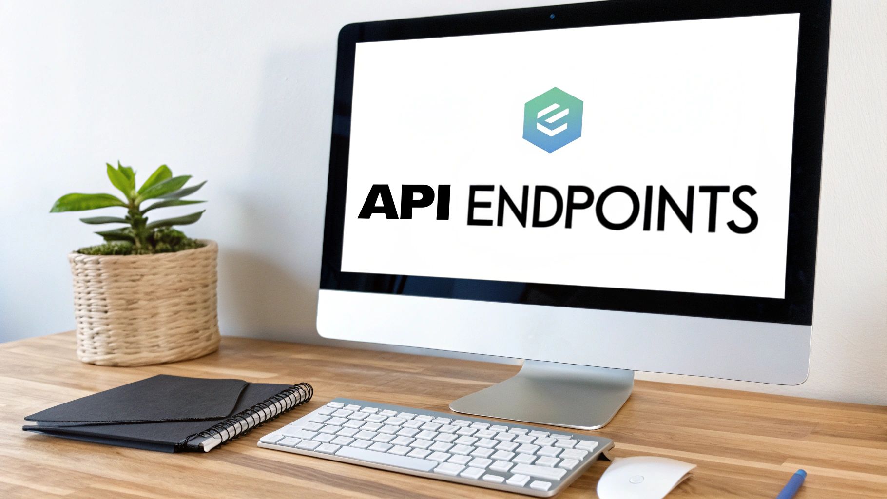 Computer monitor displaying API endpoints text with hexagonal logo on modern workspace desk setup