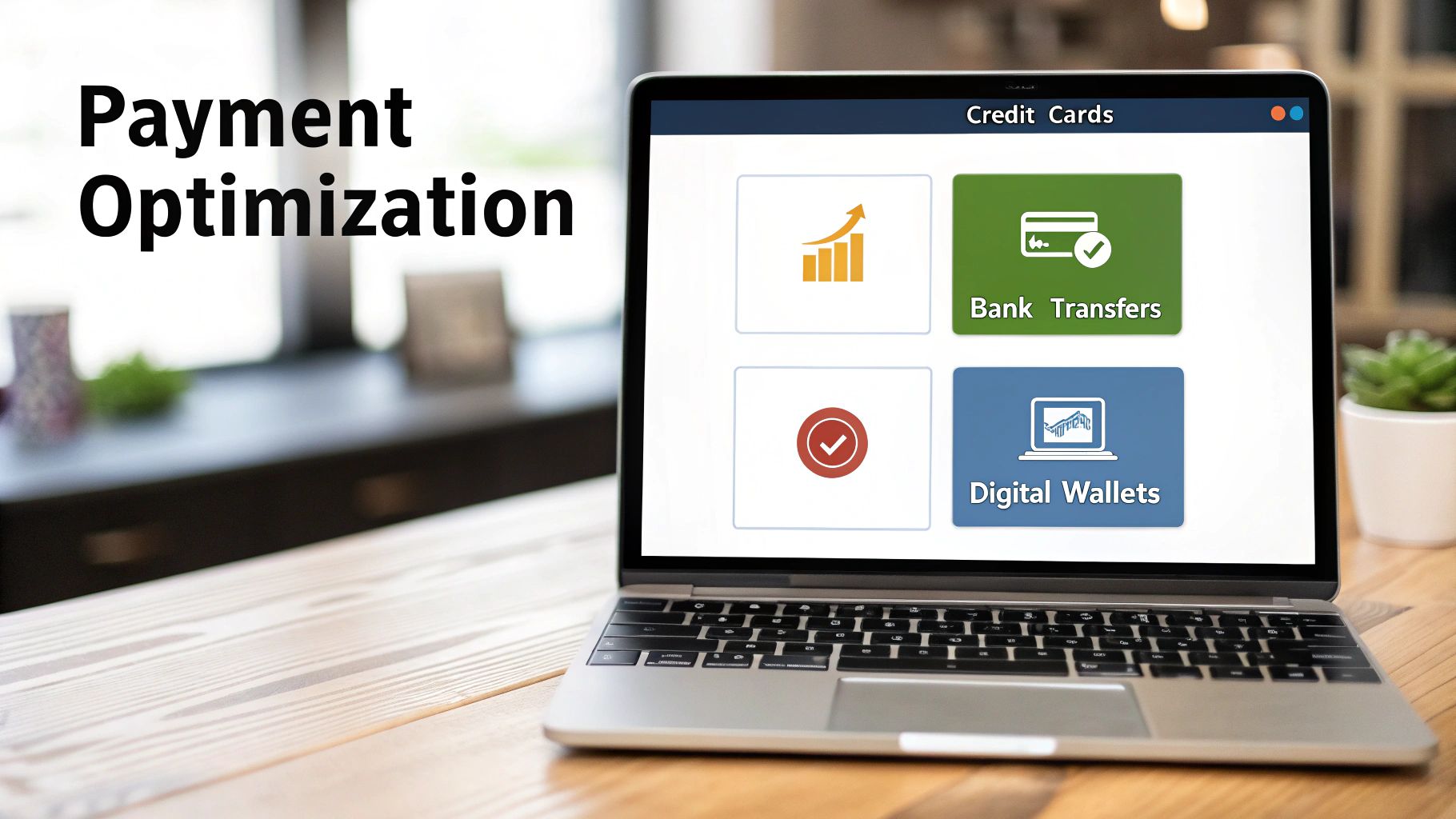 A strategic diagram showing different payment methods like virtual cards, ACH, and checks flowing towards a central point labeled 'Optimized Payments', illustrating a thoughtful selection process.