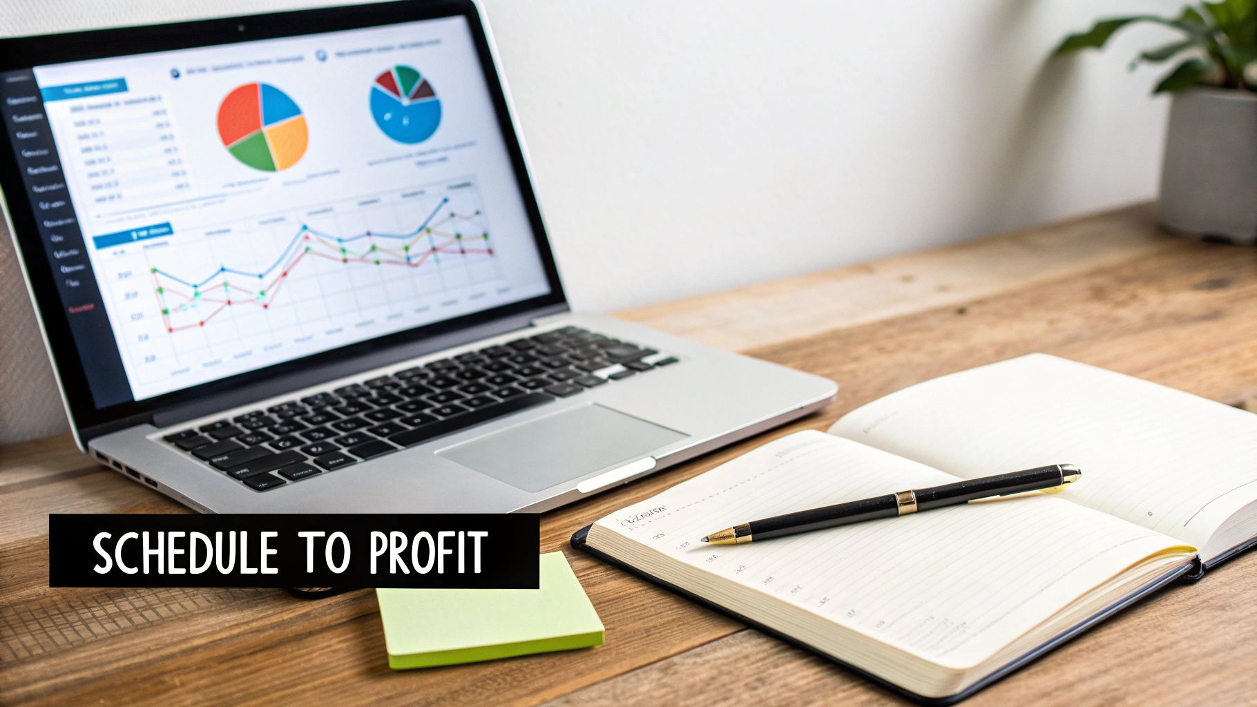 A laptop displaying financial charts, an open notebook, pen, and sticky notes on a wooden desk, suggesting strategic planning.