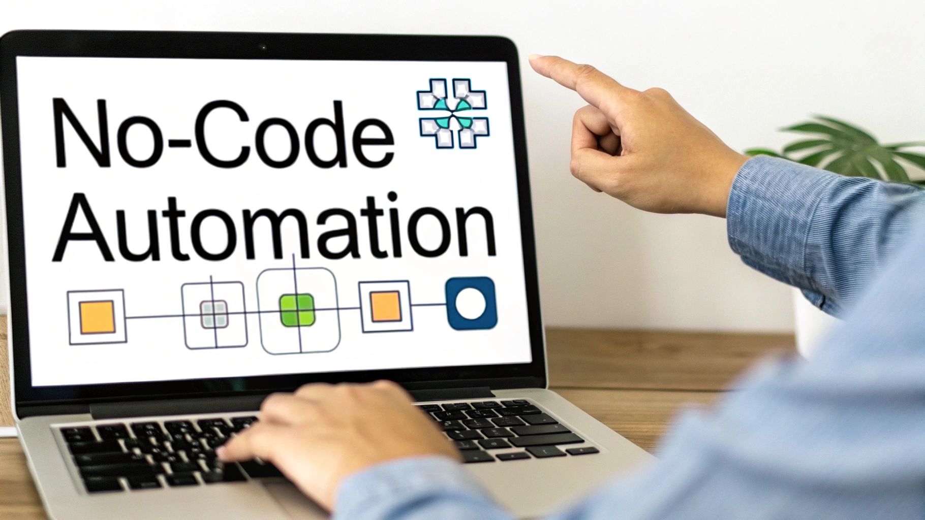 Person's hand pointing at a laptop screen displaying 'No-Code Automation' with a workflow diagram.