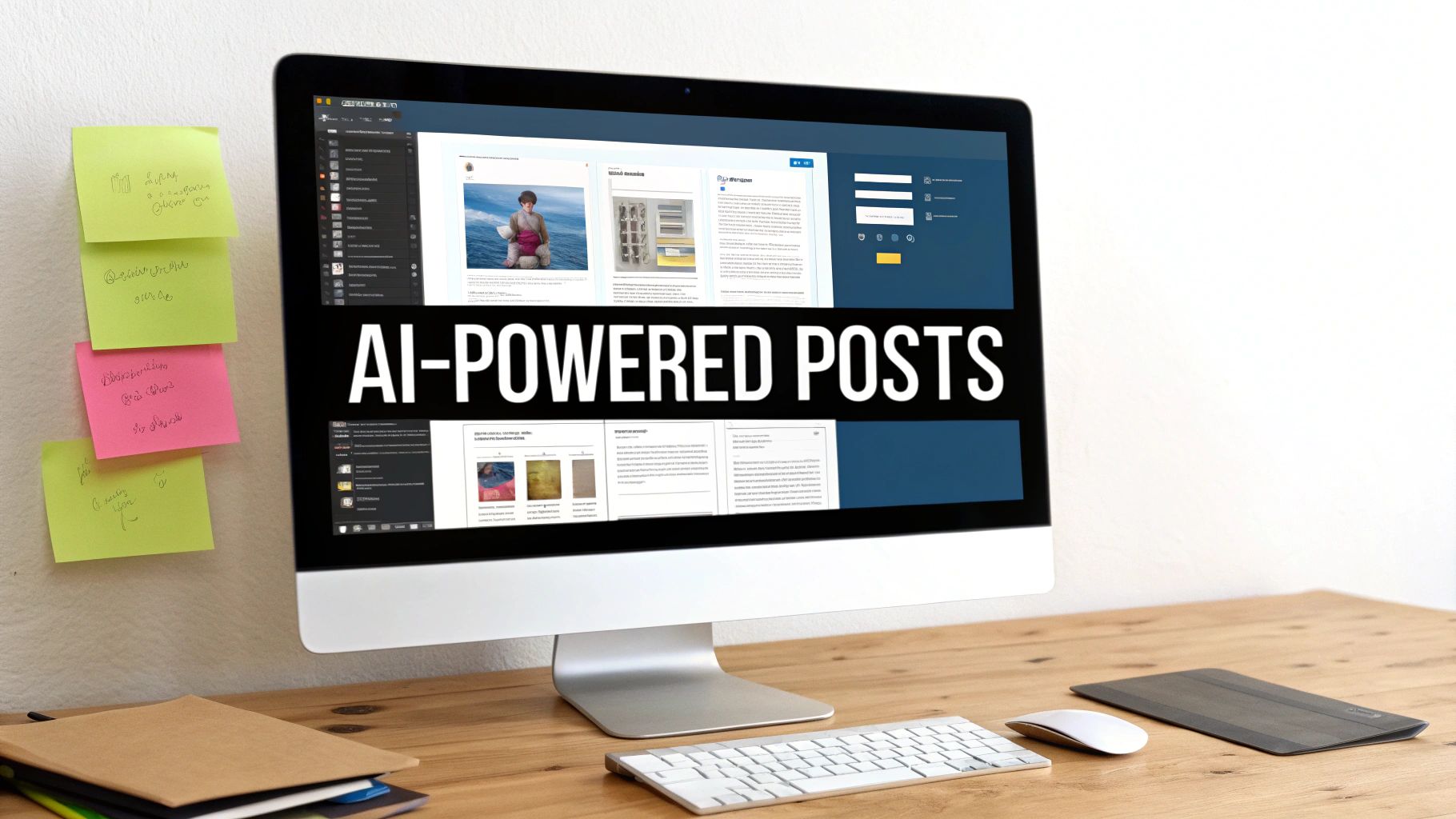 A desktop computer displaying 'AI-POWERED POSTS' on a screen with sticky notes on the wall.