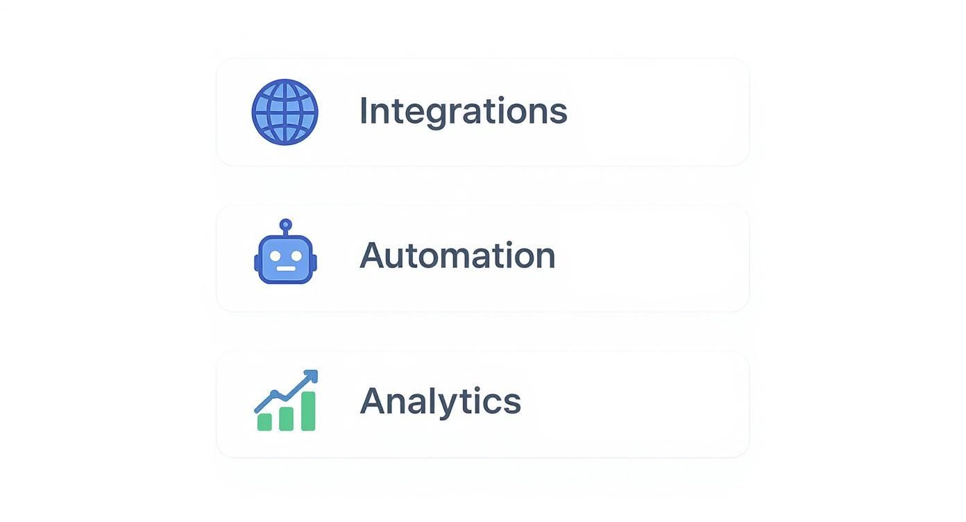 Infographic summarizing key feature comparisons between Late and Socioboard, showing icons for Integrations, Automation, and Analytics.