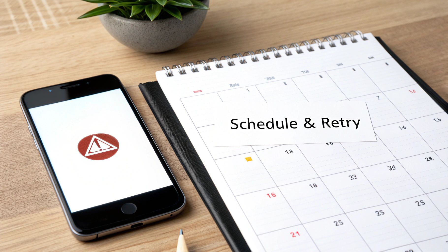 A smartphone displaying an error symbol next to a calendar with 'Schedule & Retry'.