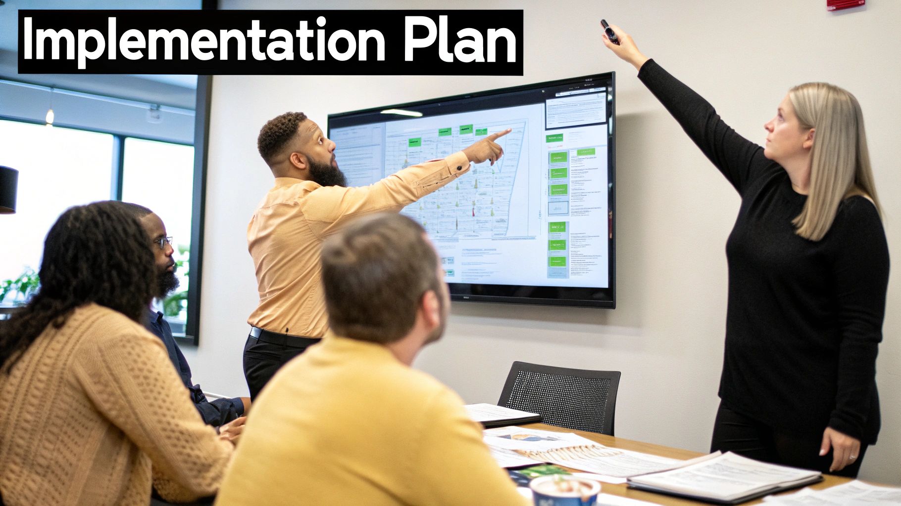 A team of professionals working together around a table with a laptop, pointing at a screen showing a project plan or software interface.