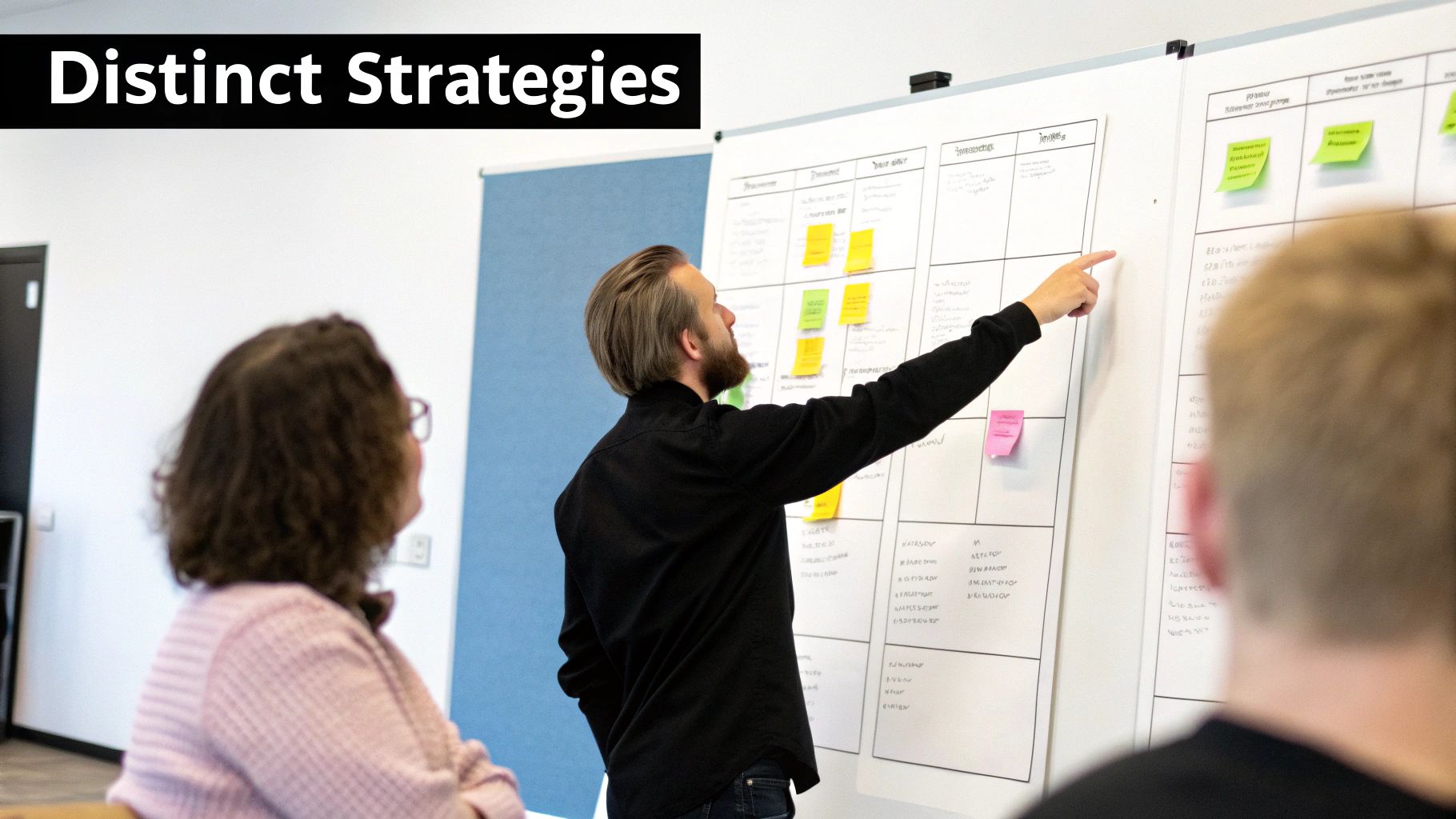 A person strategically planning content on a whiteboard for multiple social media accounts.