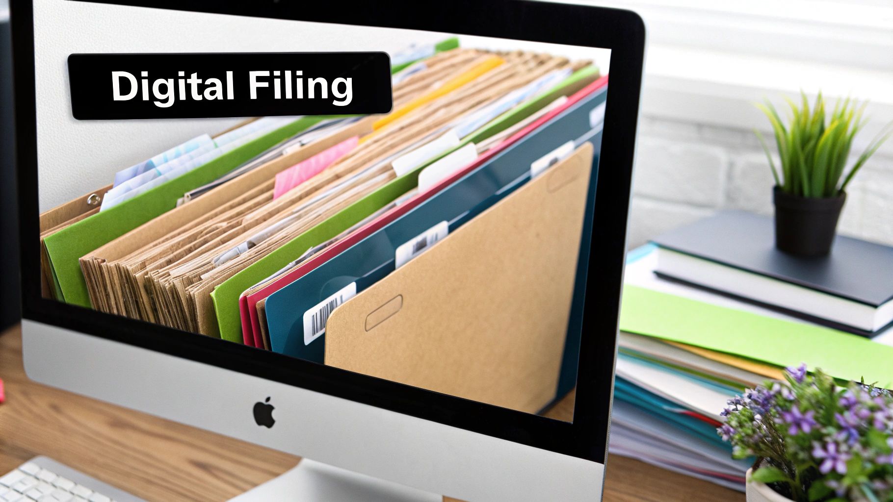 A visually organized digital folder structure on a computer screen, with folders labeled by tax year and categories like 'Travel' and 'Supplies'.