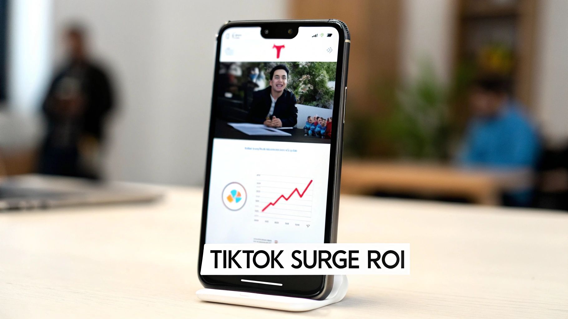 Smartphone on a stand displaying a TikTok video, an upward trend graph, and the text 'TIKTOK SURGE ROI'.