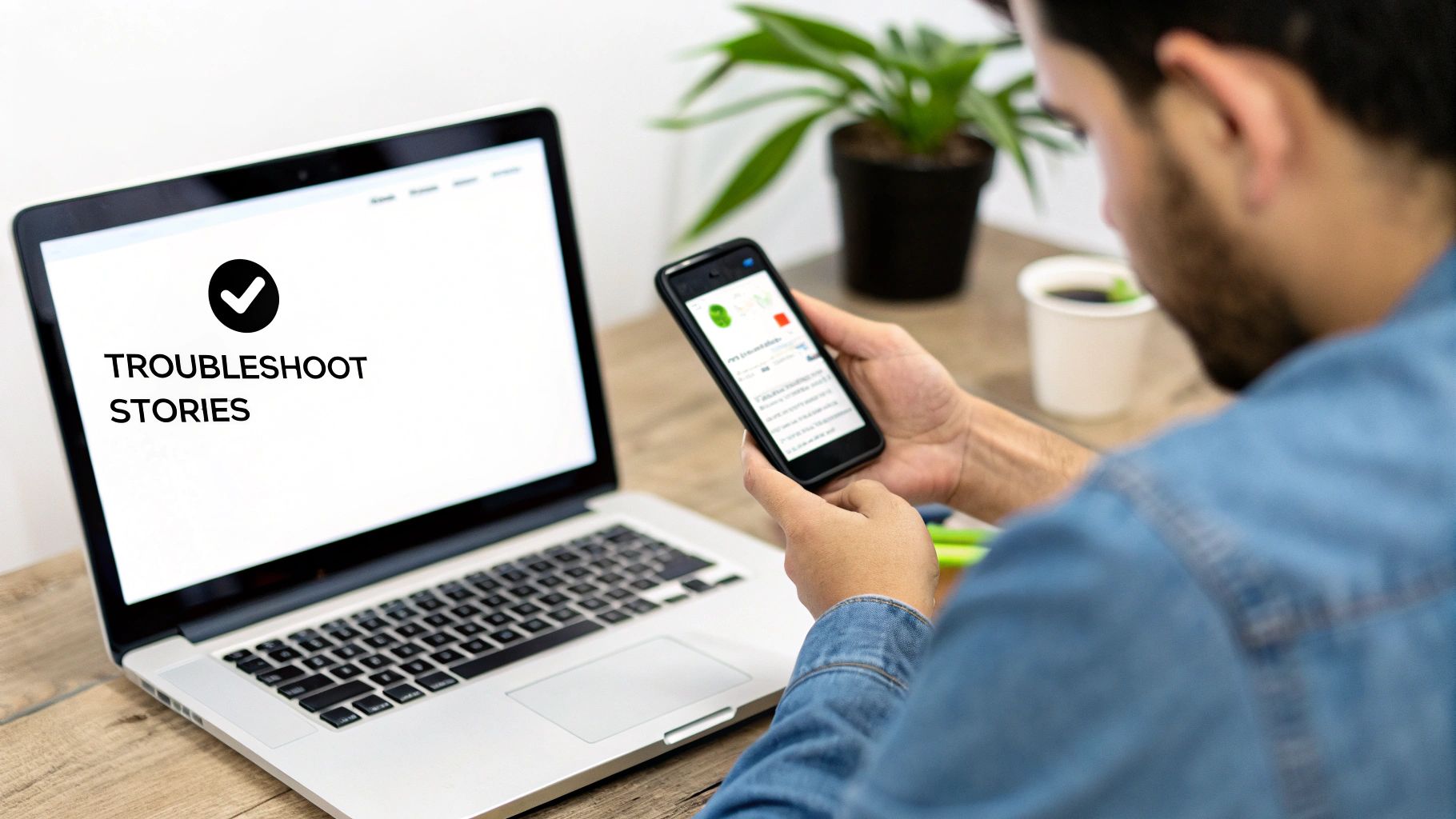 A man holding a smartphone while a laptop displaying "TROUBLESHOOT STORIES" sits on a wooden desk.