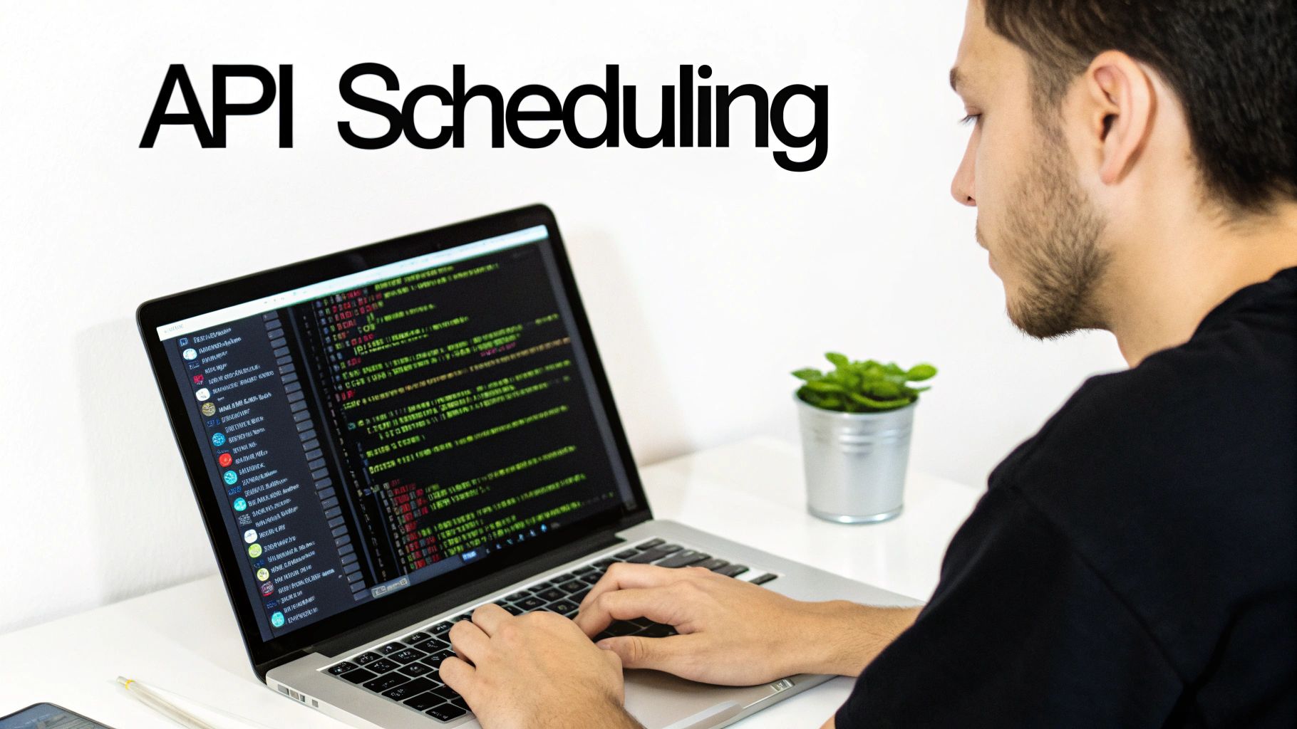 A man actively typing code on a laptop screen, with 'API Scheduling' text prominently displayed above.