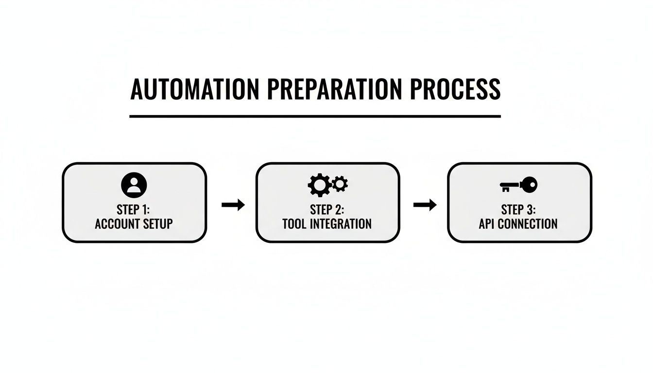 A three-step automation preparation process flowchart showing account setup, tool integration, and API connection.