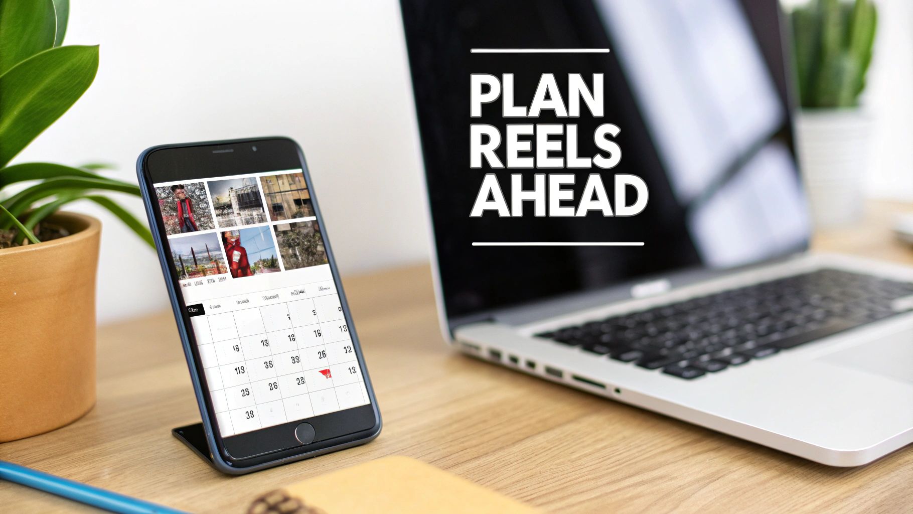 A smartphone displaying a content calendar and images, next to a laptop showing 'PLAN REELS AHEAD' on a desk.