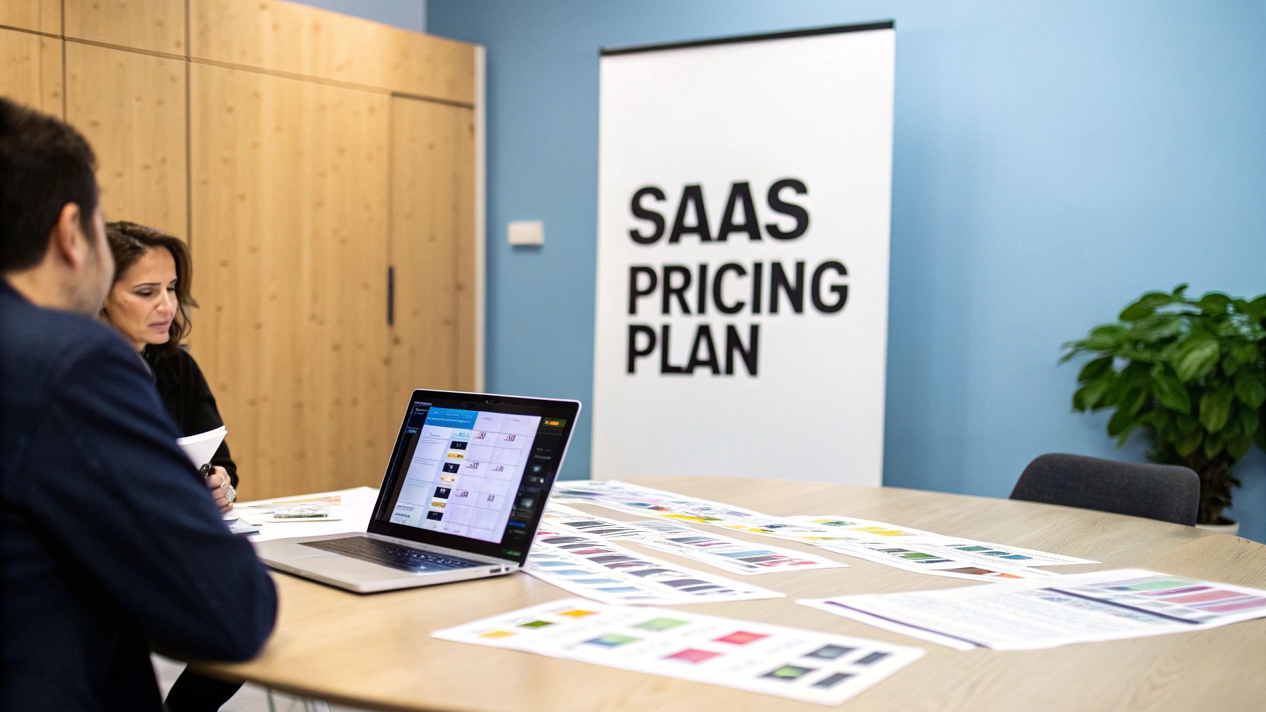 Two colleagues discuss a SaaS pricing plan, surrounded by design printouts and a laptop.