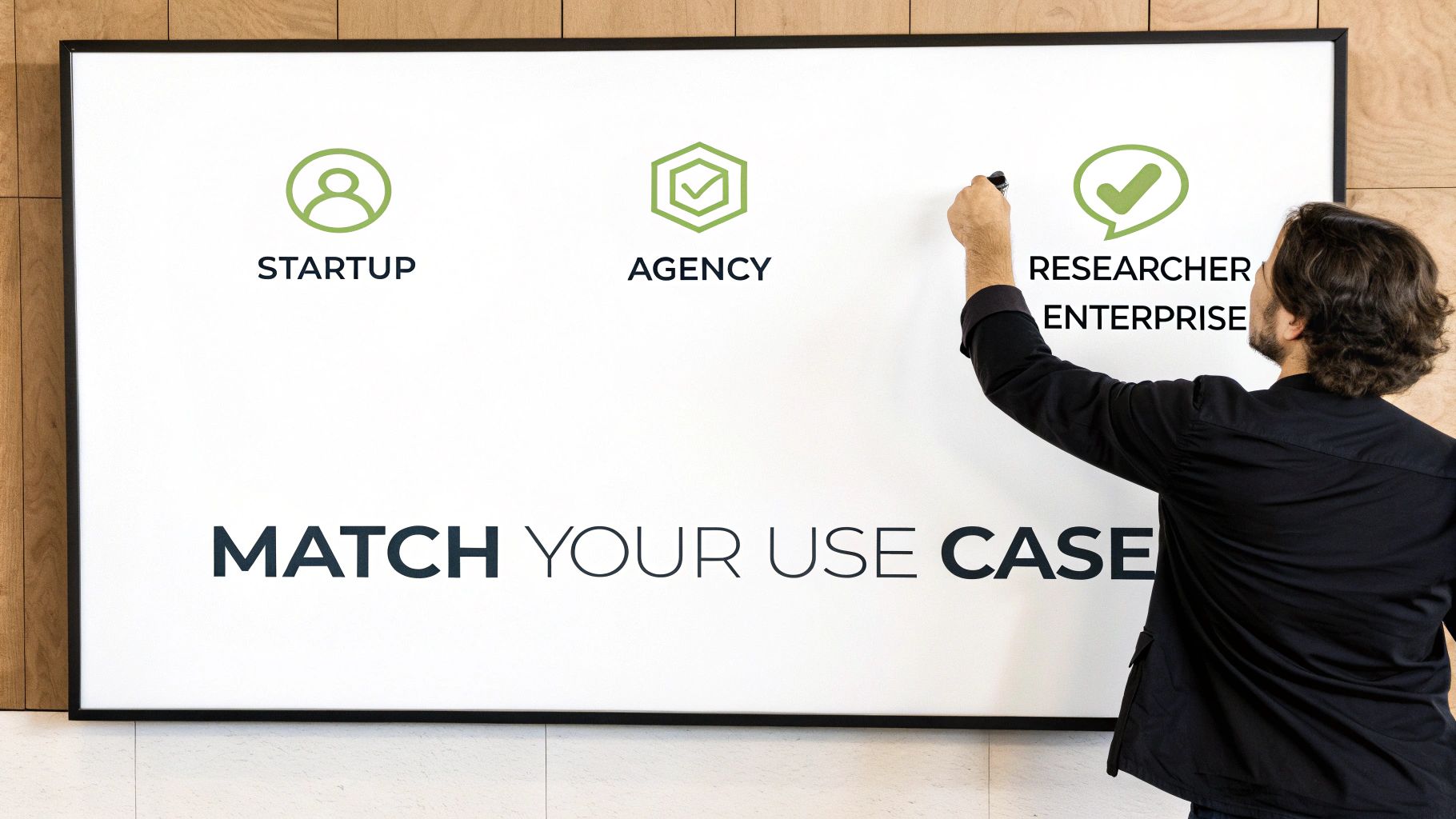 Business professional selecting researcher enterprise option from startup agency and enterprise use cases on whiteboard