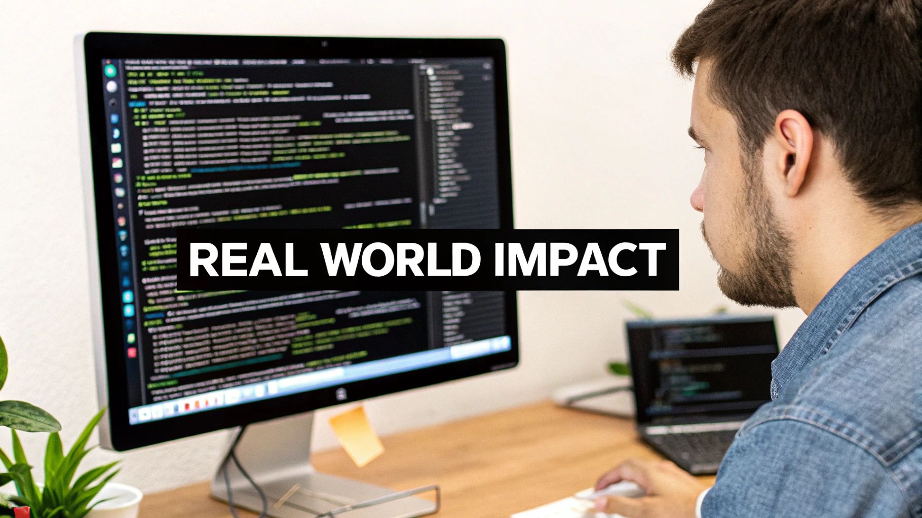 A person looking at code on a screen with a concerned expression