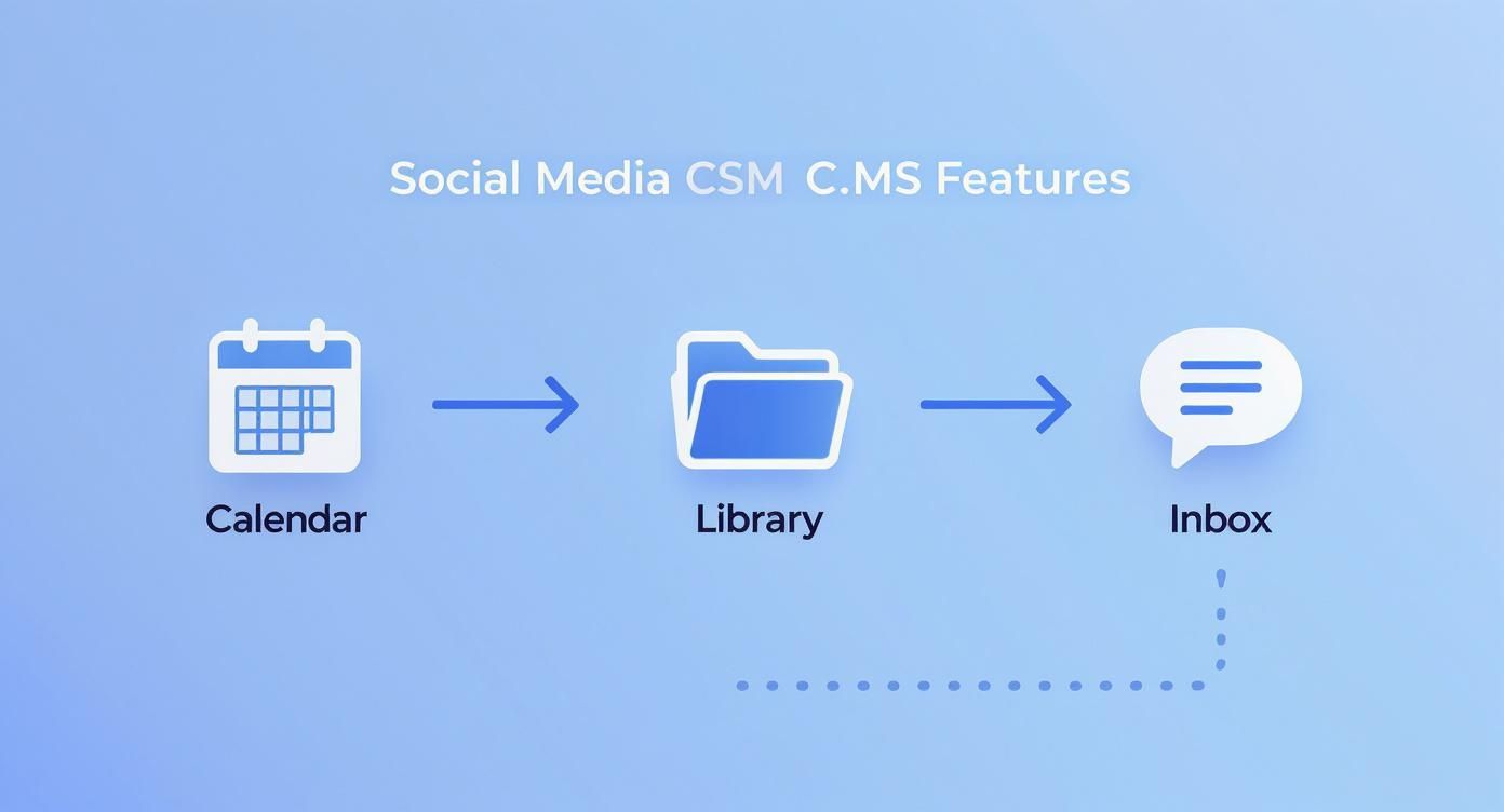 A workflow diagram for social media content management, featuring Calendar, Library, and Inbox icons.