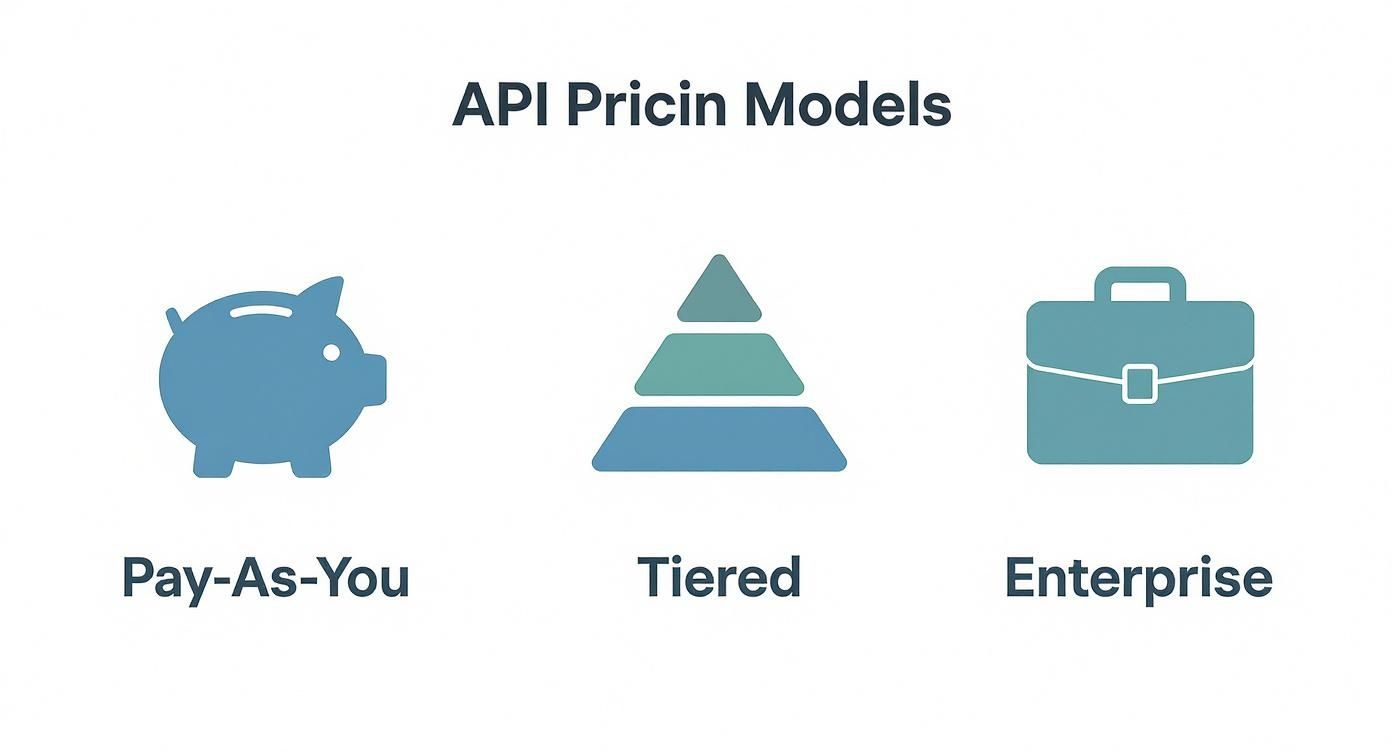 Three API pricing models illustrated with piggy bank, tiered pyramid, and briefcase icons representing pay-as-you-go, tiered, and enterprise options