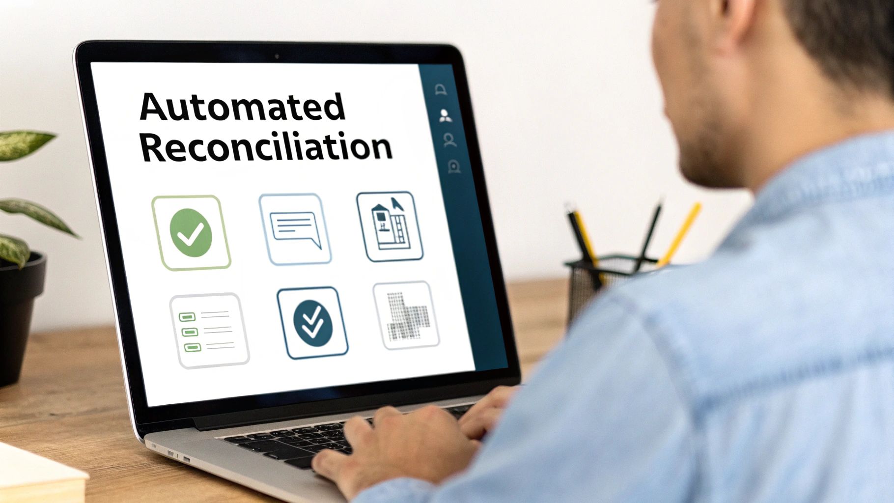 An illustration showing a computer automatically matching an invoice, purchase order, and delivery receipt.