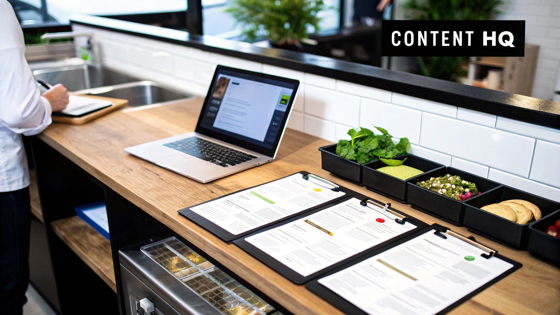 A chef manages content in a modern kitchen with a laptop, recipes, and fresh ingredients.