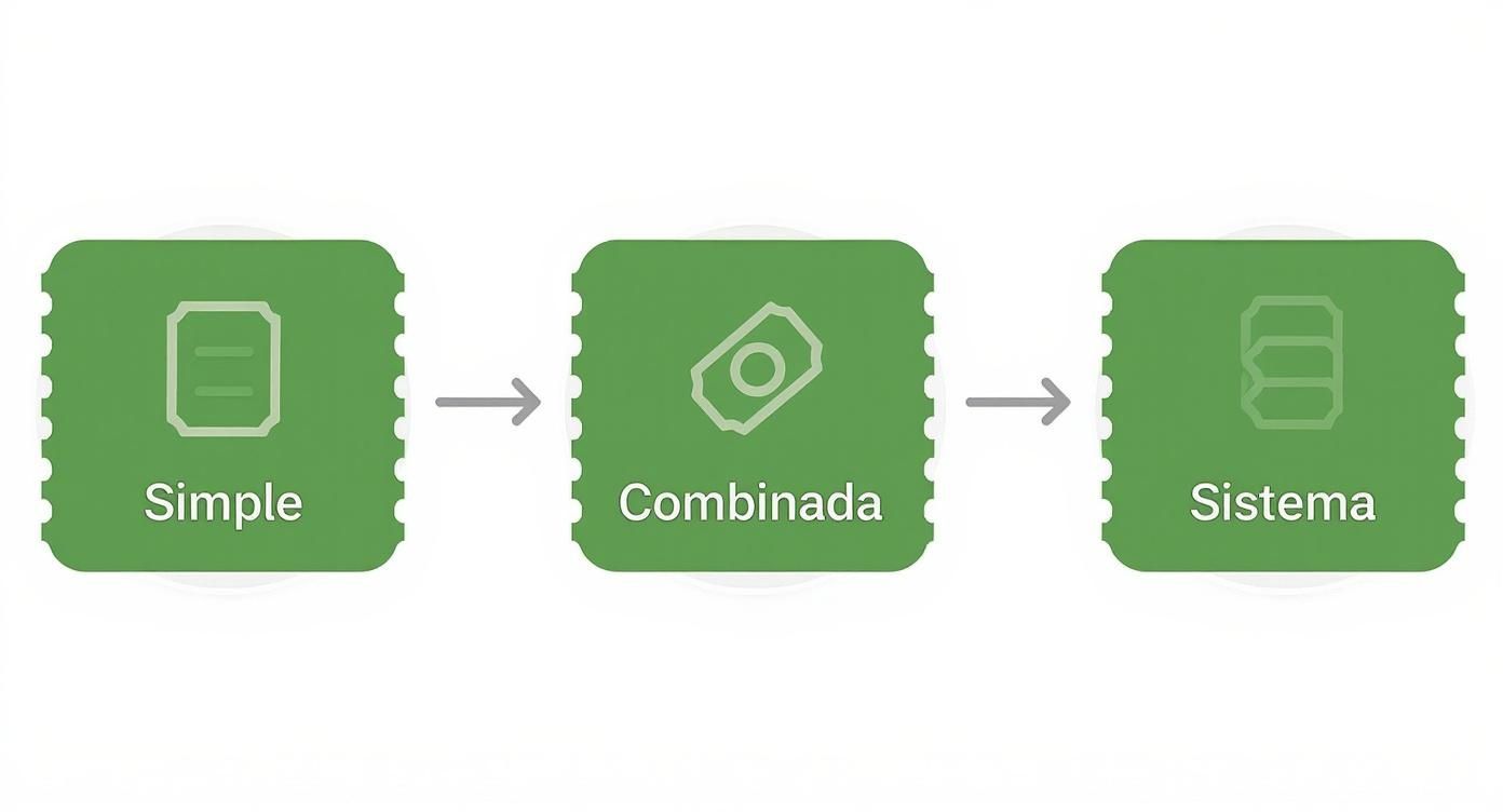 Infografía que muestra el flujo de tres pasos de un calculador de apuestas para apuestas simples, combinadas y de sistema.