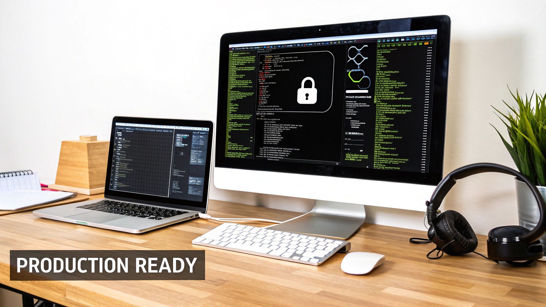 Developer's workspace with a laptop, desktop monitor displaying code, keyboard, mouse, and headphones.