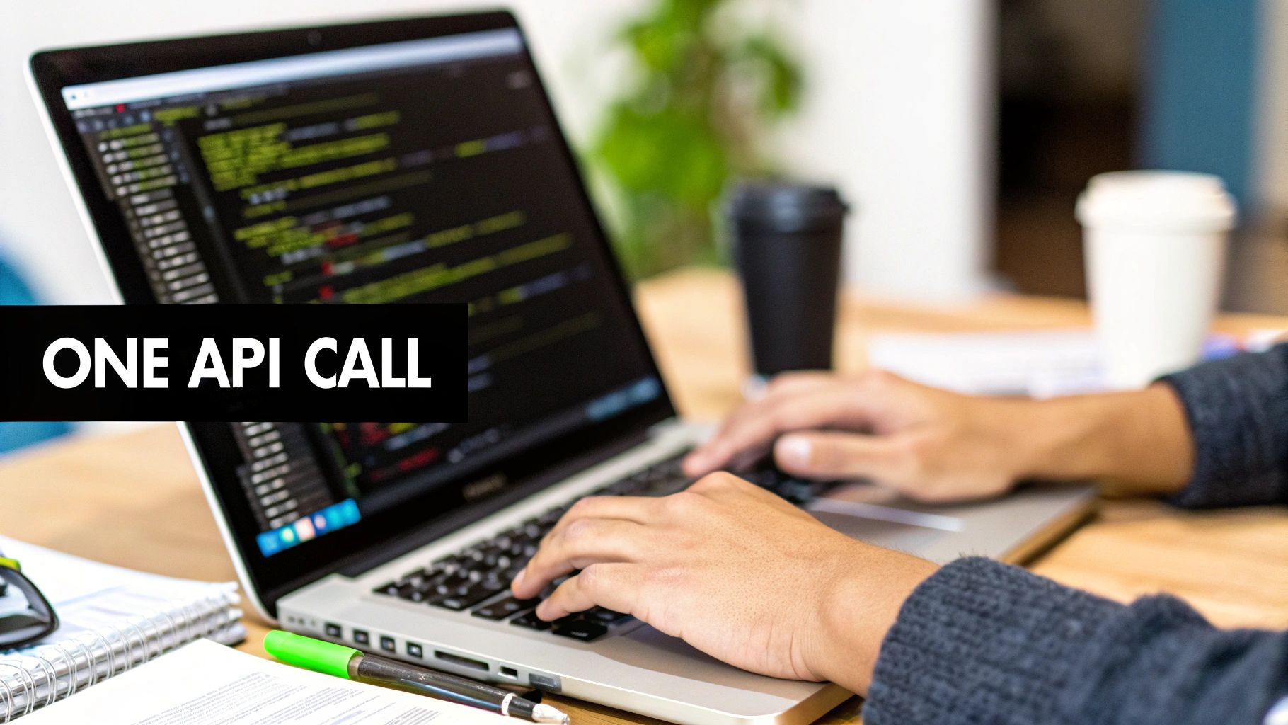 Hands typing on a laptop displaying code, with coffee cups and the text 'ONE API CALL'.