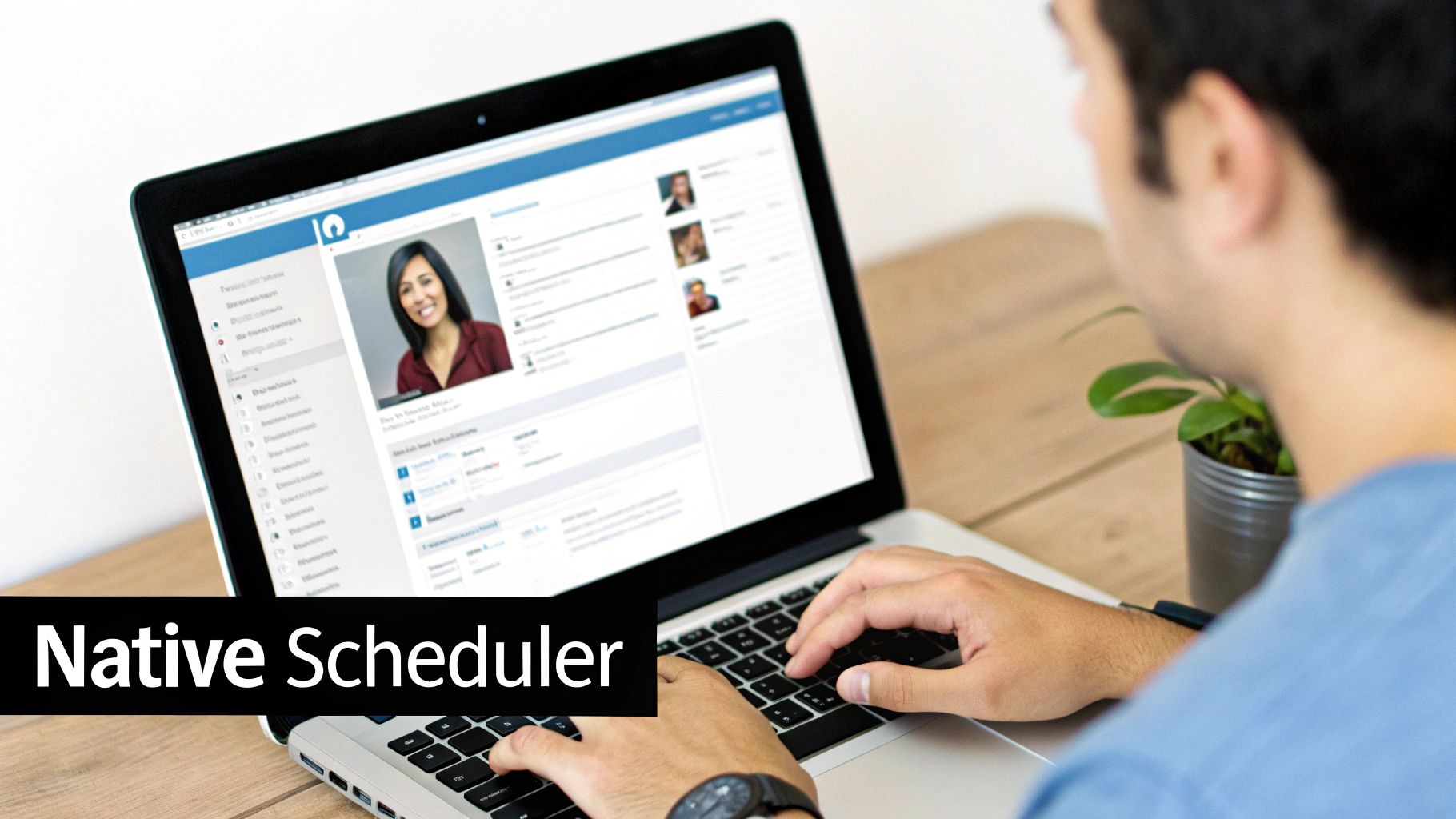 A person uses a laptop displaying a social media platform, likely for scheduling posts or profiles.