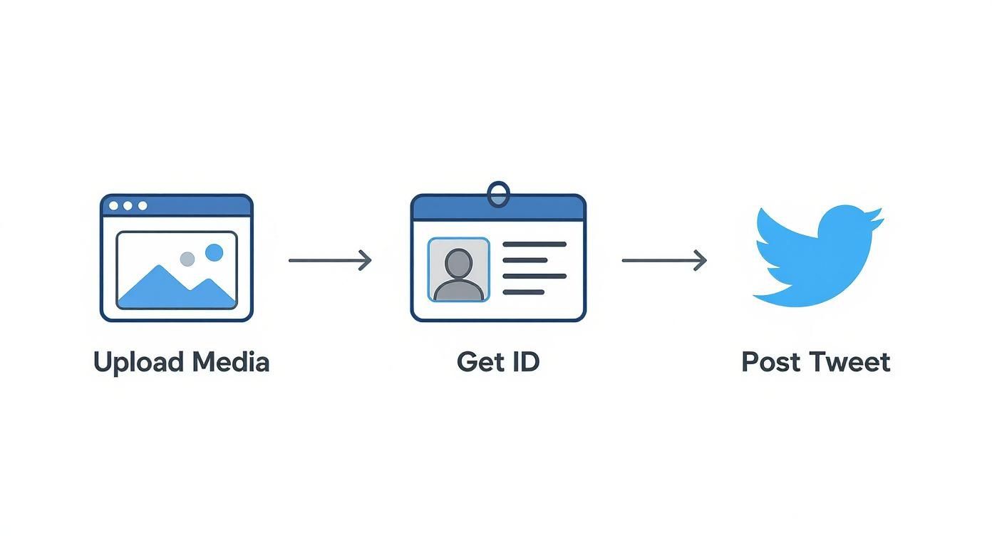 Three-step process diagram showing upload media, get ID, and post tweet workflow for Twitter automation