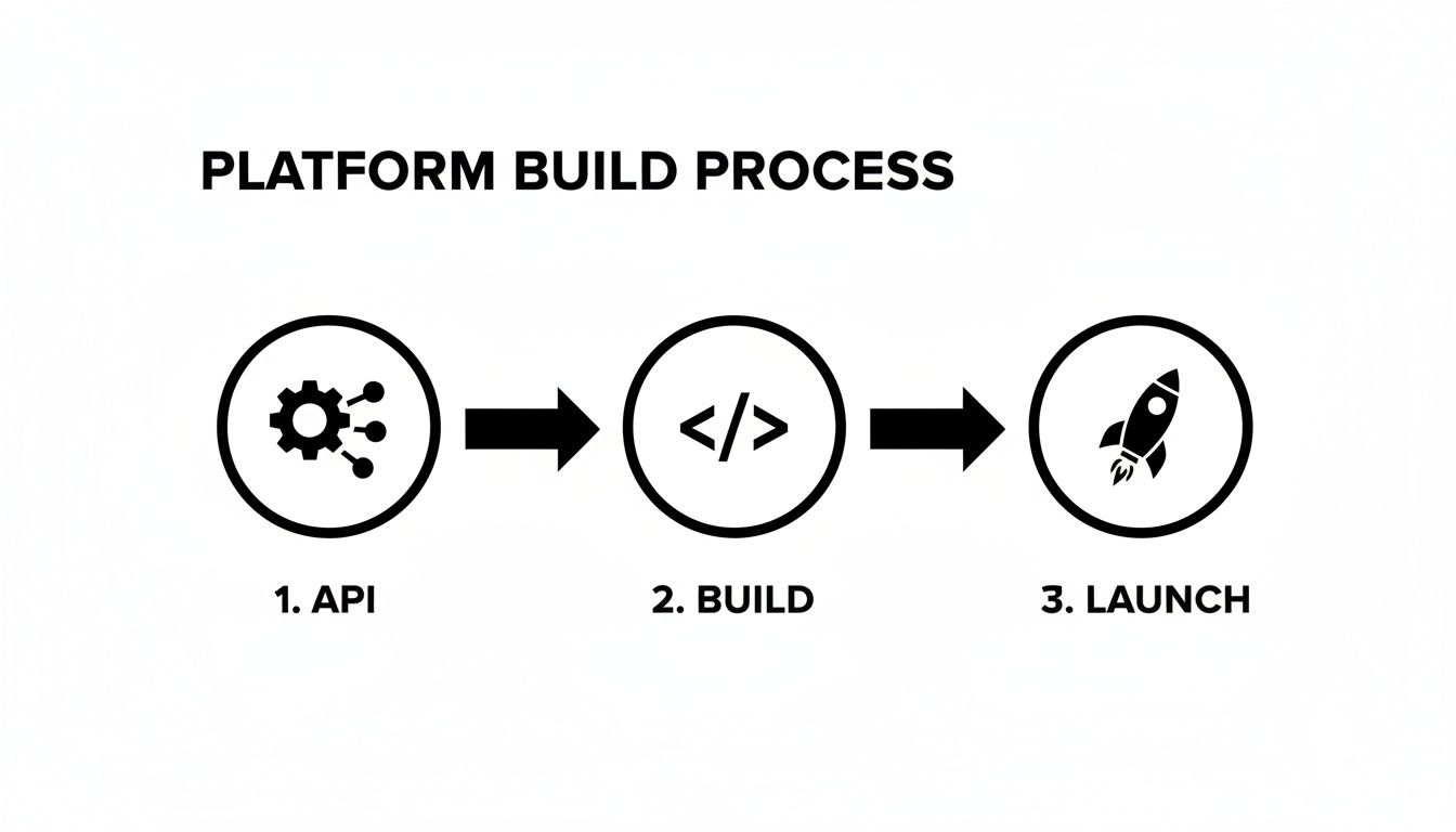 A diagram showing the platform build process with three sequential steps: API, Build, and Launch.