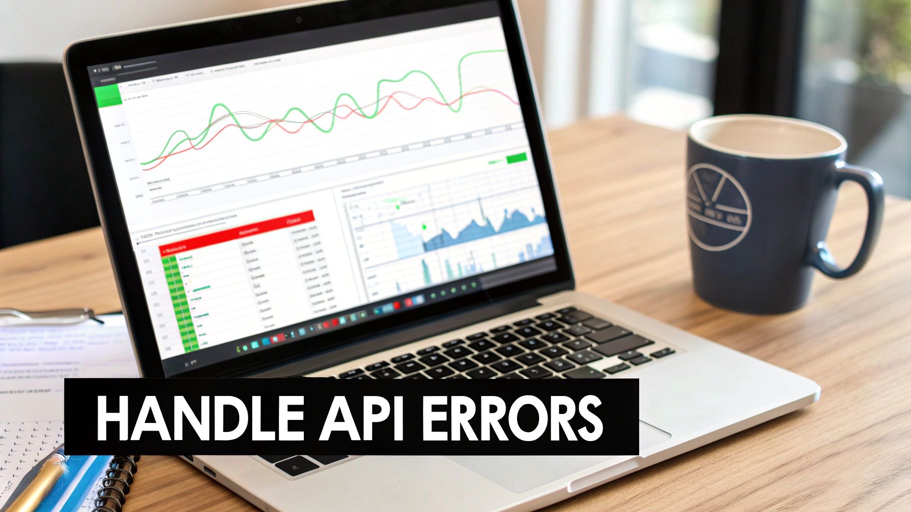 A laptop displays data analytics charts and graphs with a coffee mug and 'HANDLE API ERRORS' text.