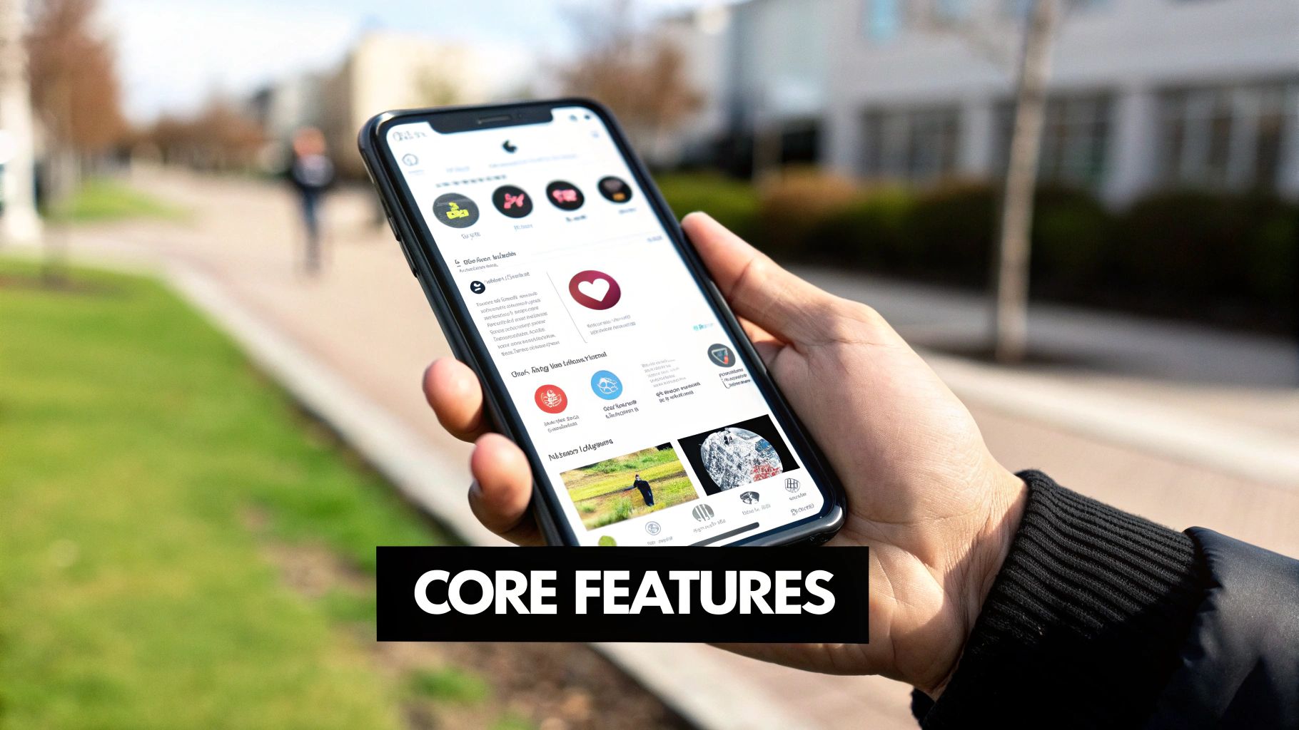 A user interface showing core social media features like profiles, feeds, and notifications.