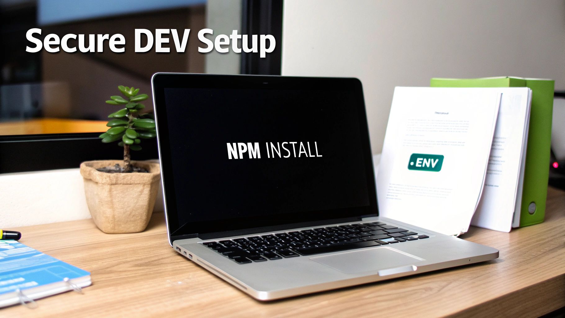 A clean and organized developer workspace with a laptop and code editor open.