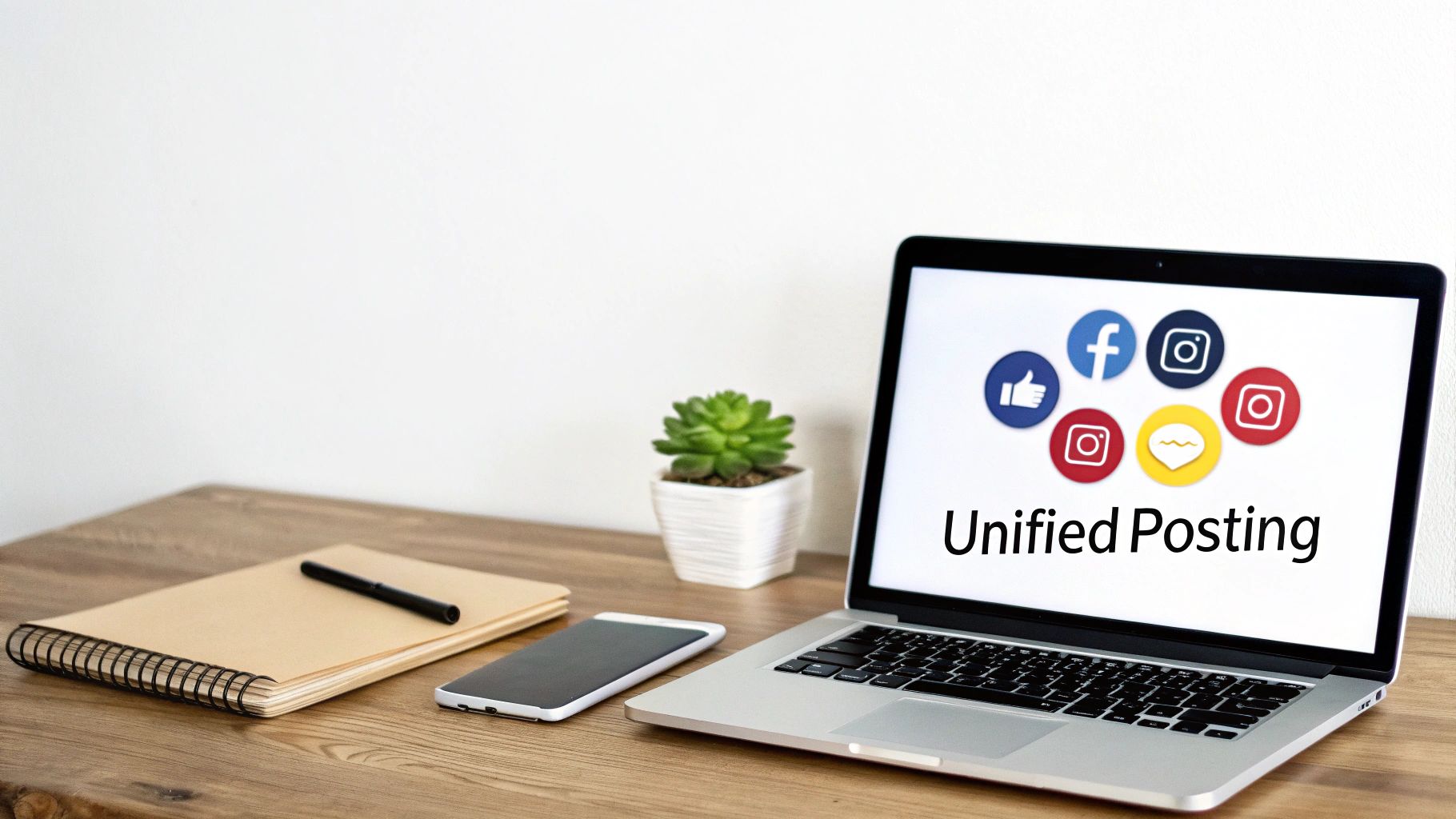 An illustration of a developer working with code and social media icons, symbolizing the connection made by a social media posting API.