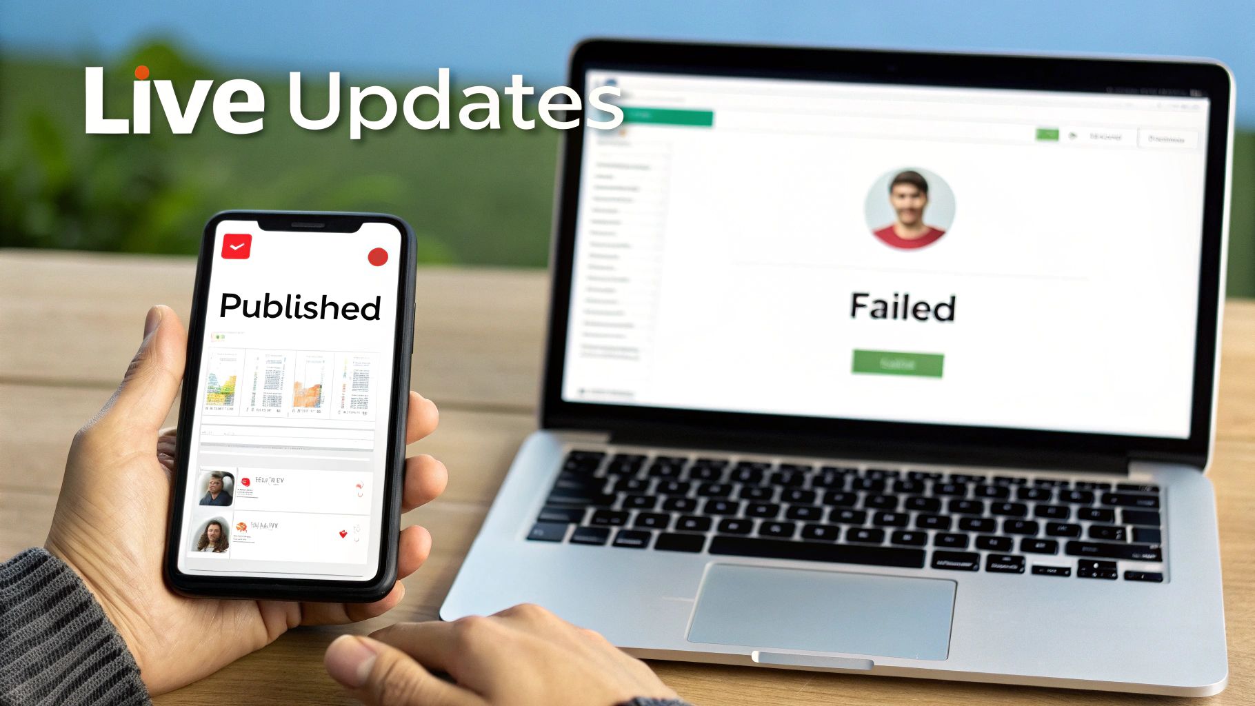 A person holds a smartphone showing 'Published' status next to a laptop displaying 'Failed' status, with 'Live Updates' text.