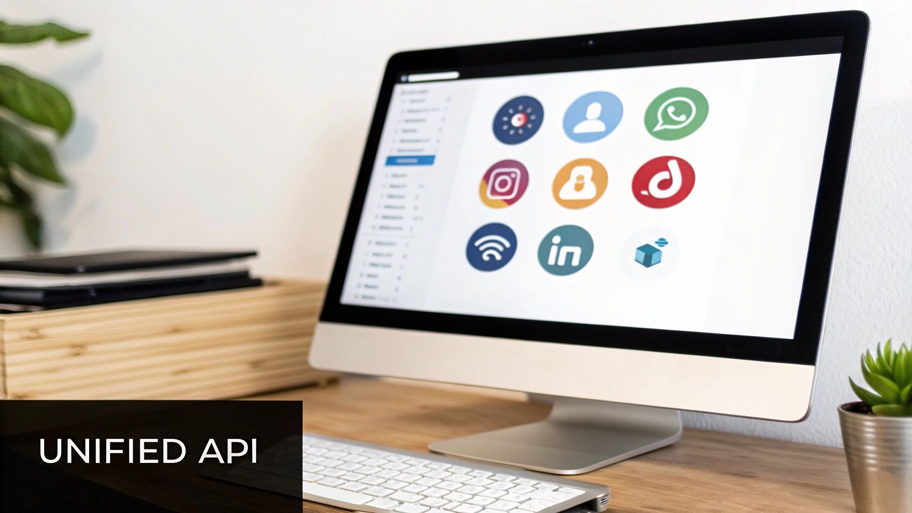 A computer monitor displays various app icons, likely representing a unified API for different services, on a wooden desk.