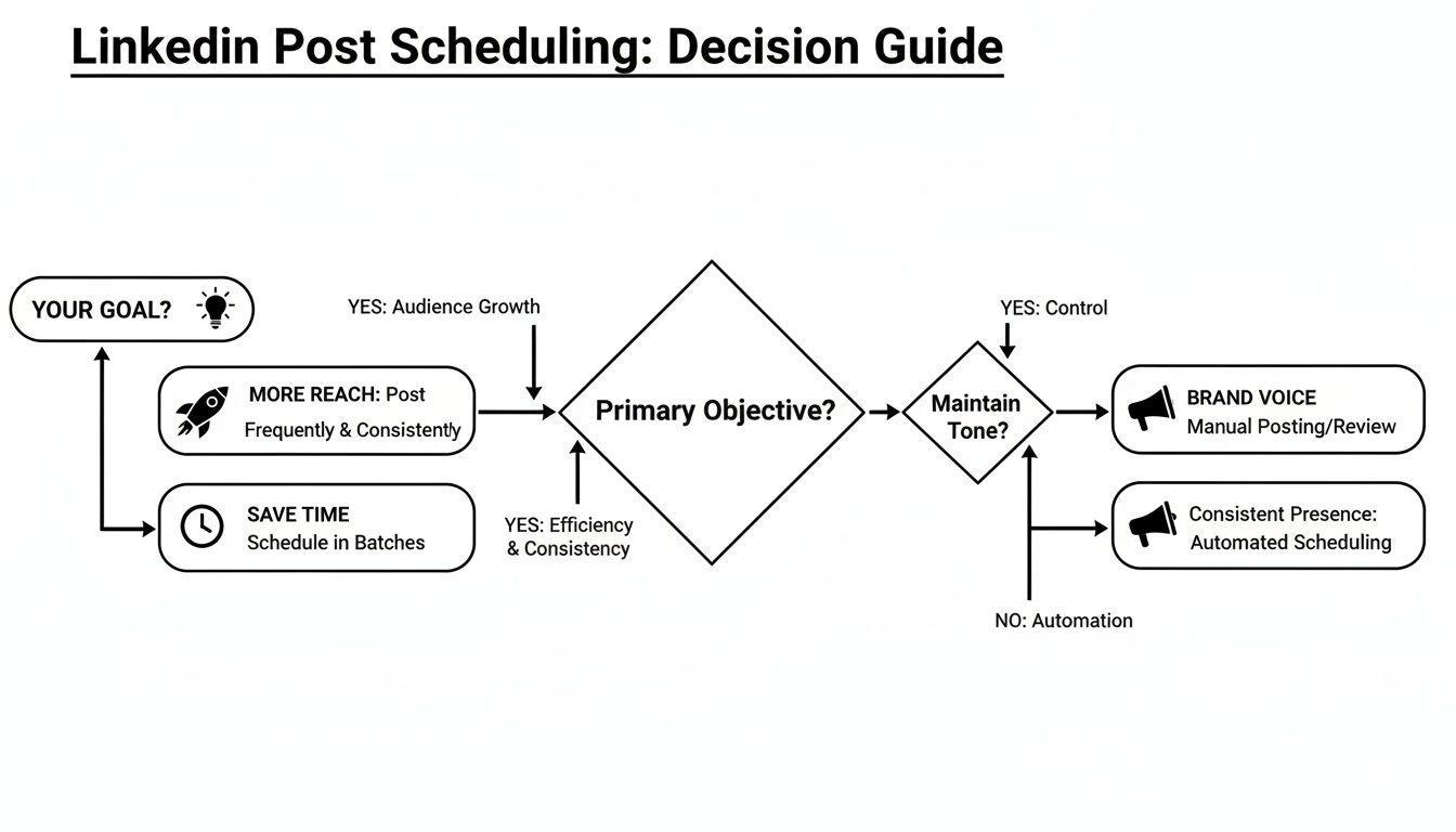 A LinkedIn post scheduling decision guide flowchart from initial goals to manual or automated posting.