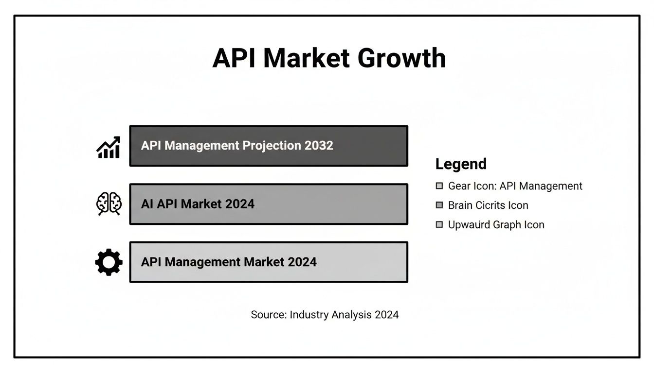 An "API Market Growth" chart illustrating market segments for API Management and AI API in 2024 and 2032.