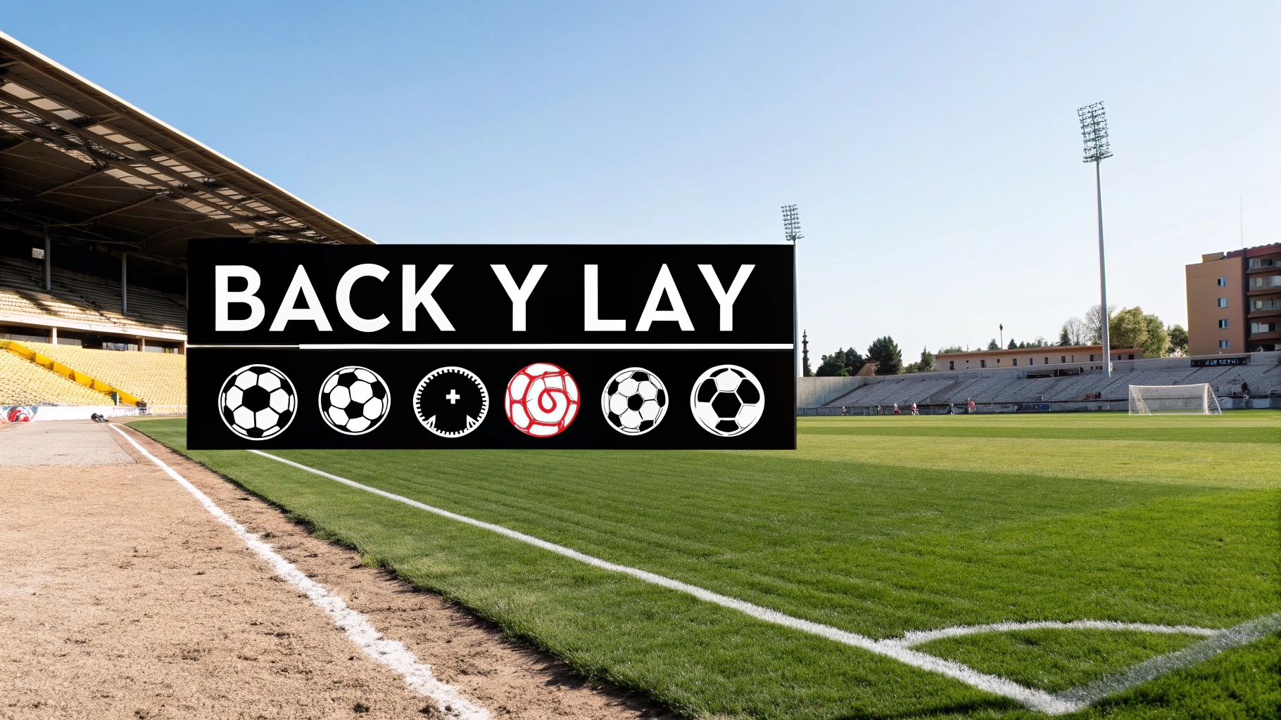 Un trader deportivo analizando dos pantallas con gráficos de cuotas y un partido de fútbol de fondo, representando las operaciones back y lay.