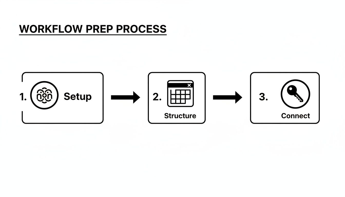 Diagram illustrating a three-step workflow preparation process: Setup, Structure, and Connect.