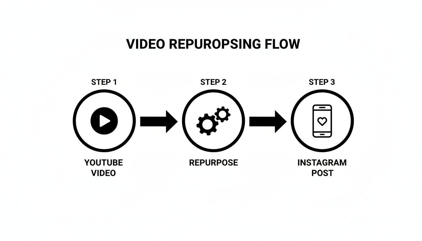 A three-step diagram illustrating the process of repurposing a YouTube video for an Instagram post.