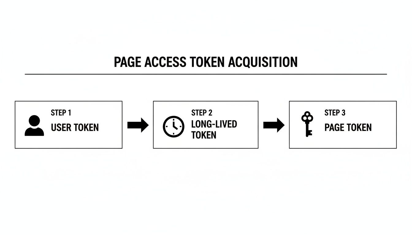 Flowchart illustrating page access token acquisition: user token leads to long-lived token, then page token.