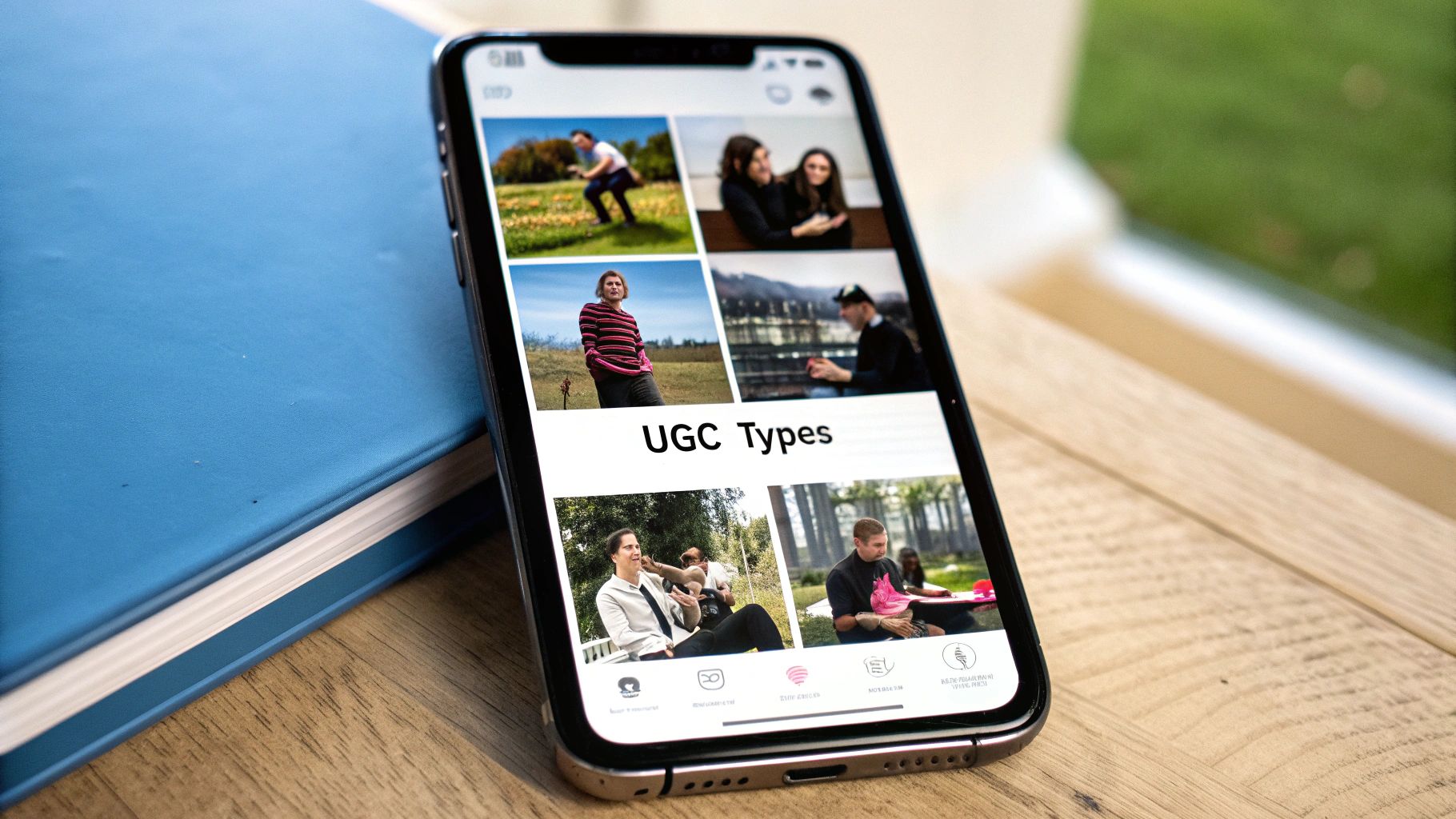 A collage of different types of user generated content, including photos, videos, and reviews.