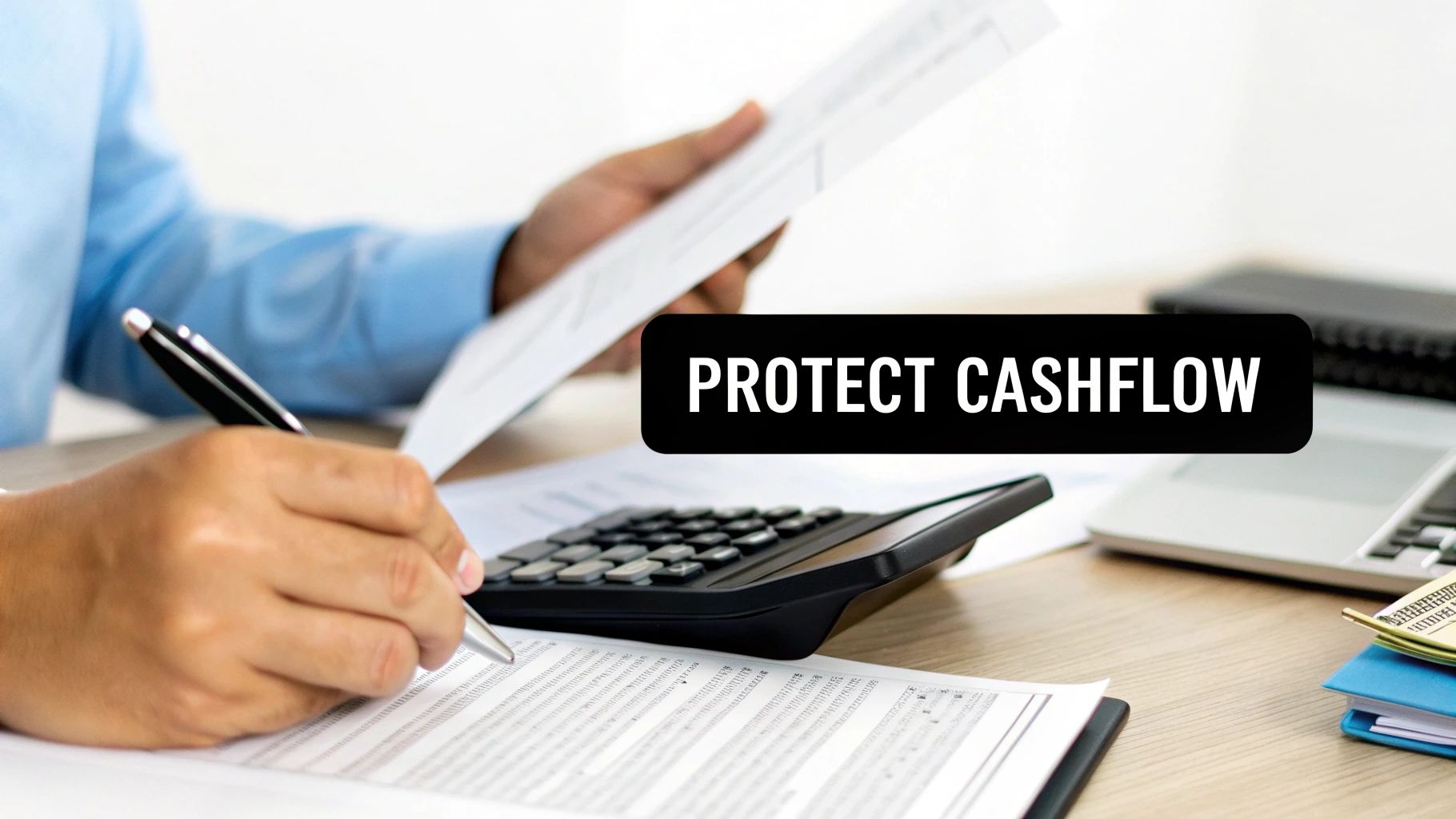An organized desk with a calculator, documents, and a pen, symbolizing the meticulous nature of an accounts payable audit.