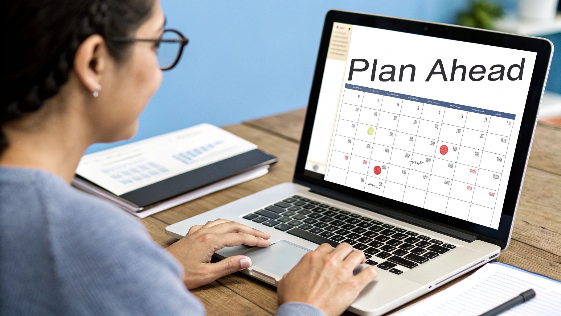 A person looking at a social media content calendar on a tablet, symbolizing strategic planning for Facebook posts.