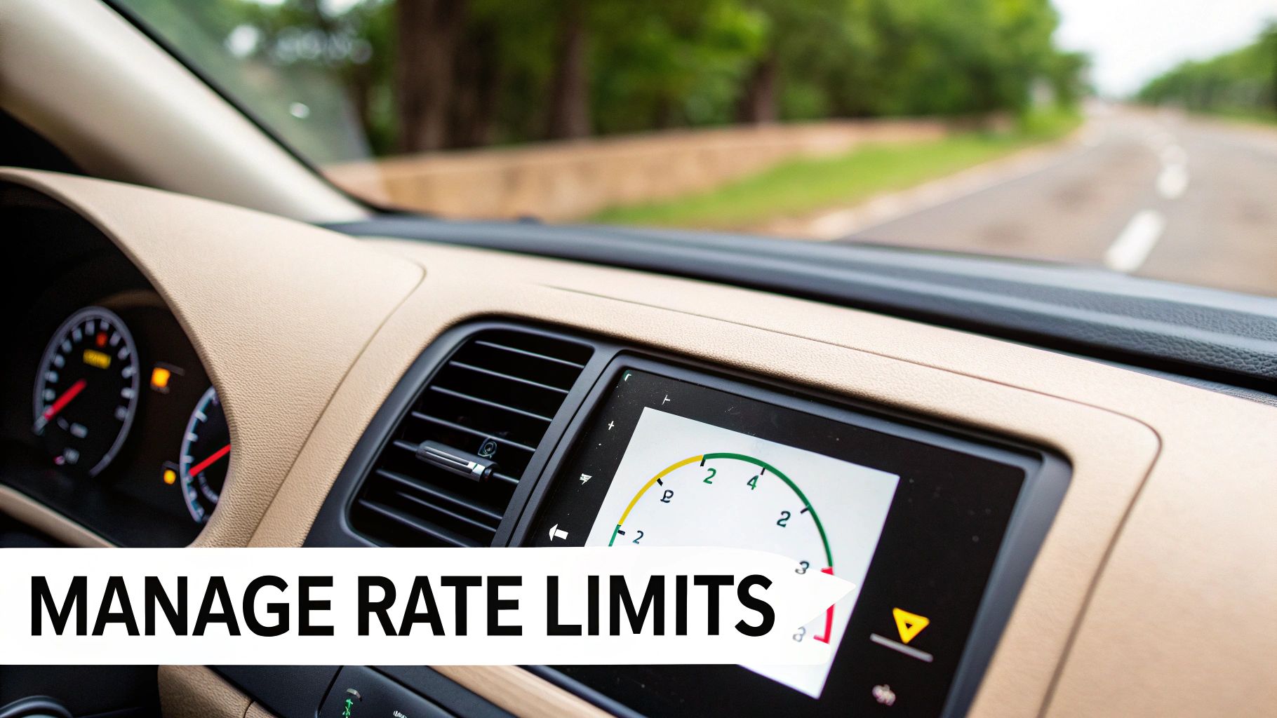 Car dashboard displaying speedometer gauge and rate limit management interface while driving on rural road