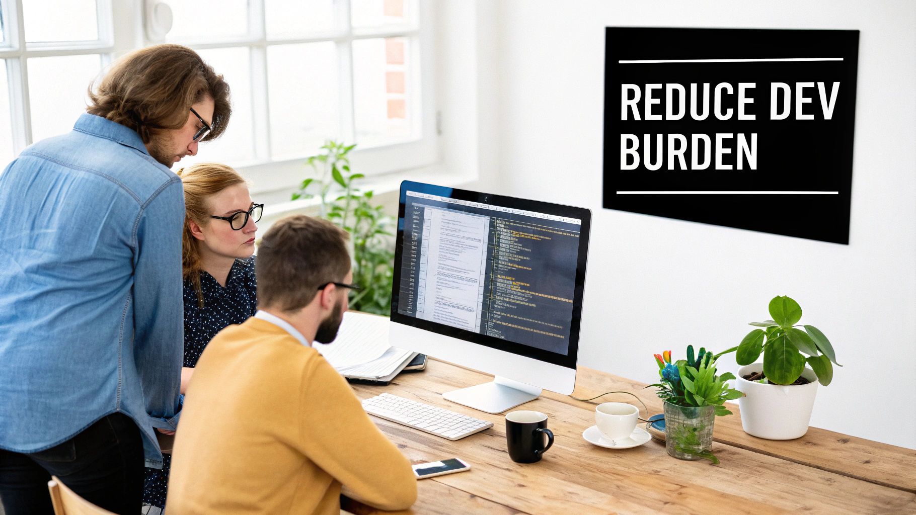 A marketing team collaborating on a social media strategy using laptops and a whiteboard