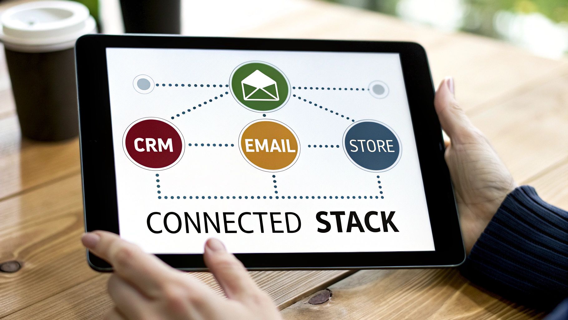A close-up of hands holding a tablet with a "CONNECTED STACK" diagram for business integration.