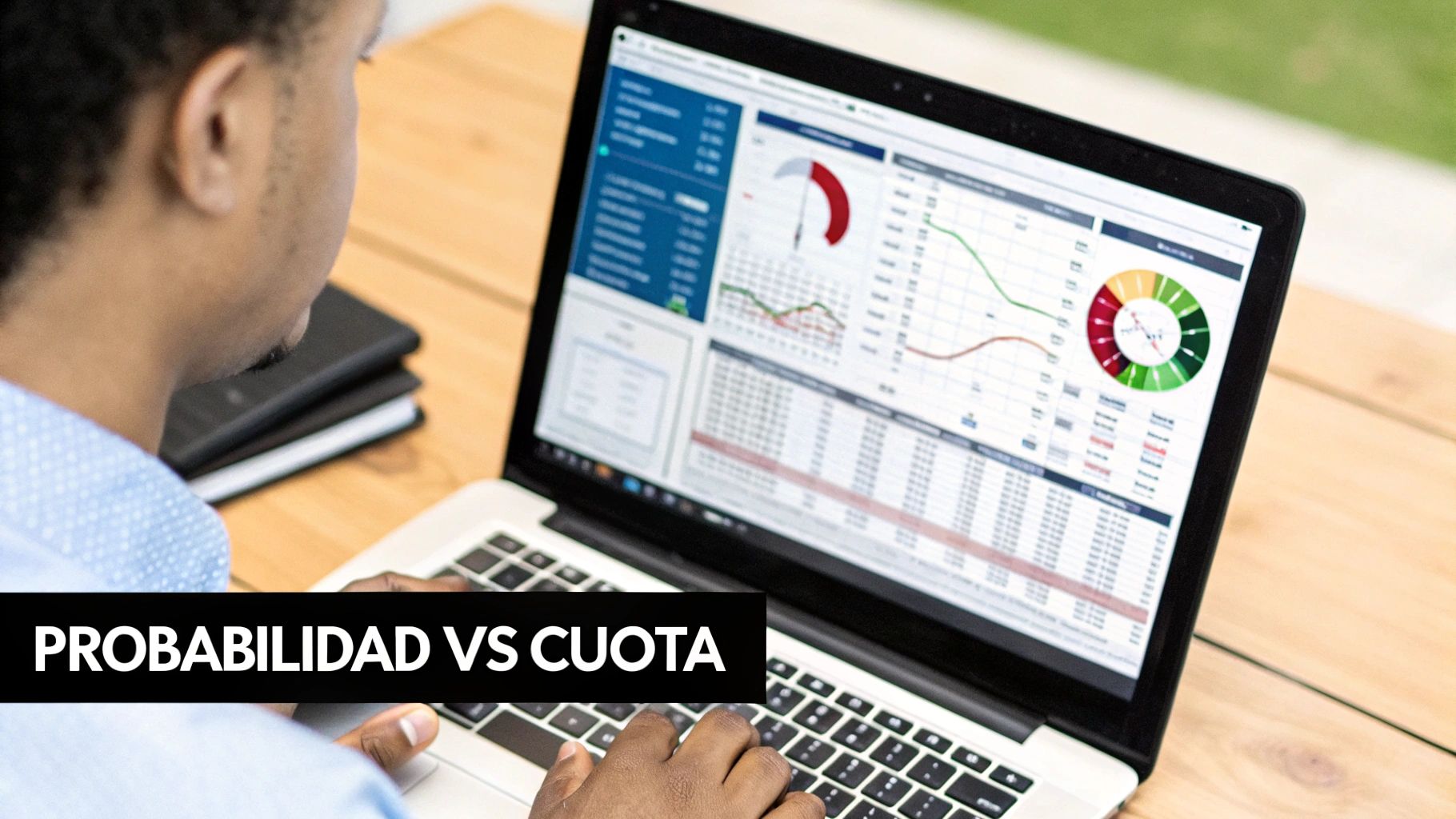 Una persona analizando datos en varias pantallas de ordenador, con gráficos y números de apuestas deportivas.